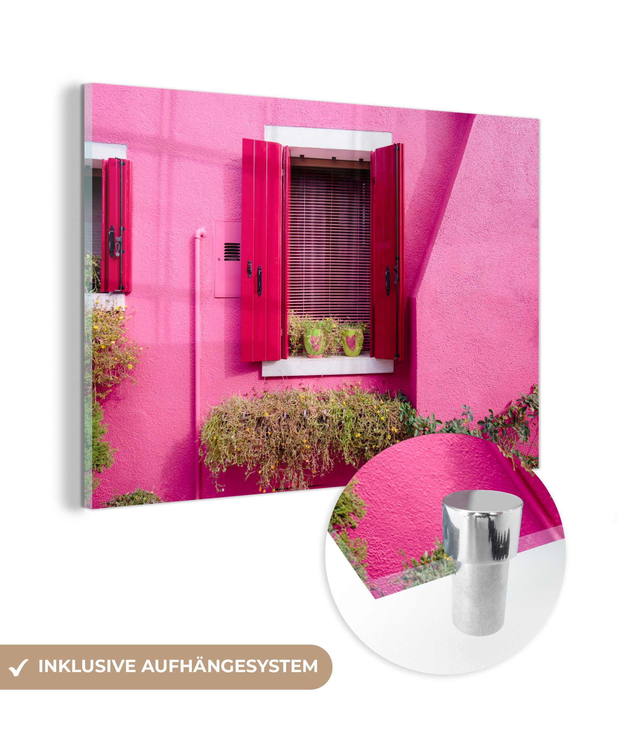 rosa Fensterläden, Schlafzimmer & mit Wohnzimmer einem St), in Fenster MuchoWow Herzen Blumentöpfe Acrylglasbilder Acrylglasbild mit (1