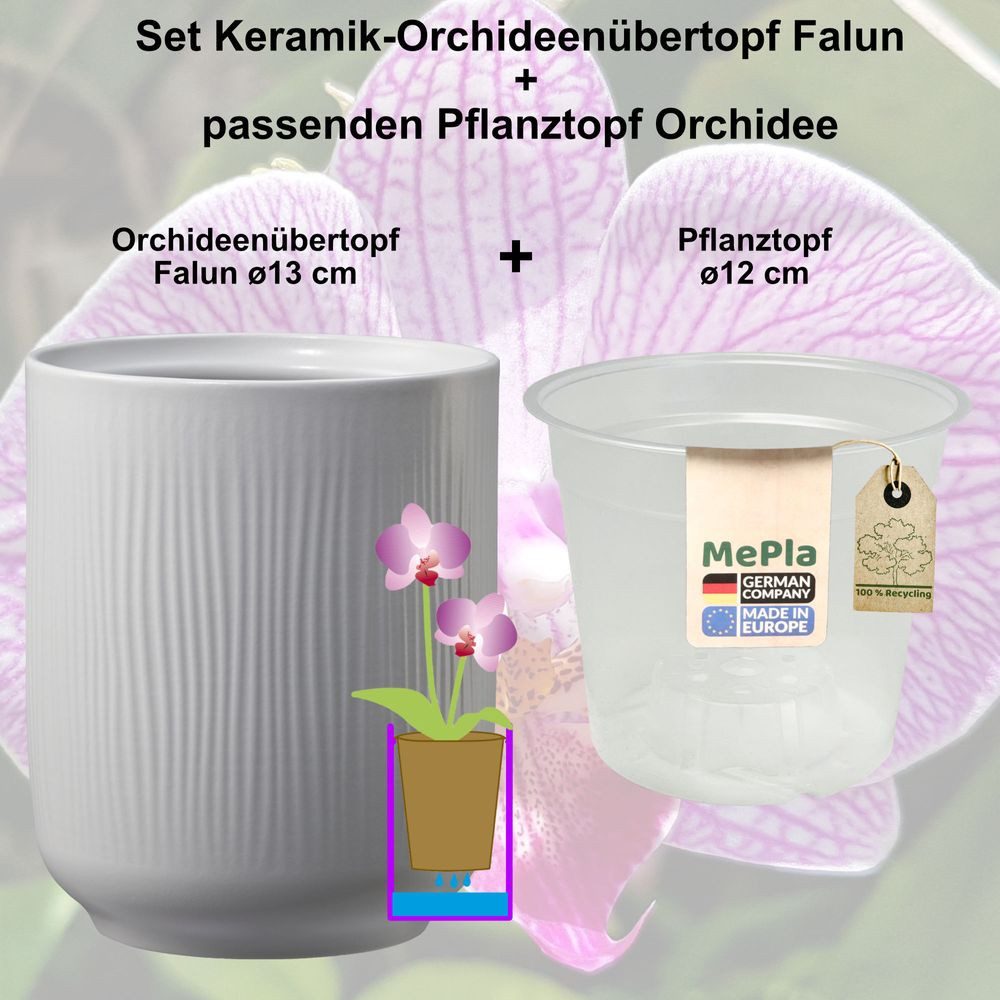 Thumbnail - Heimwerkercenter Übertopf MePla - 2 Stück - Übertopf Falun ø 13 Zartgrau-matt+ Pflanztopf ø 12