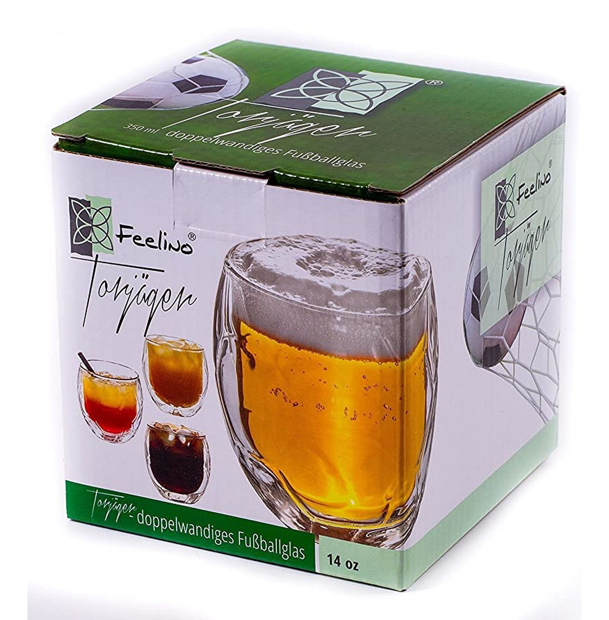 Feelino Thermoglas Trinkglas Wasserglas Glas Fußball Thermoglas Doppelwandig, Glas