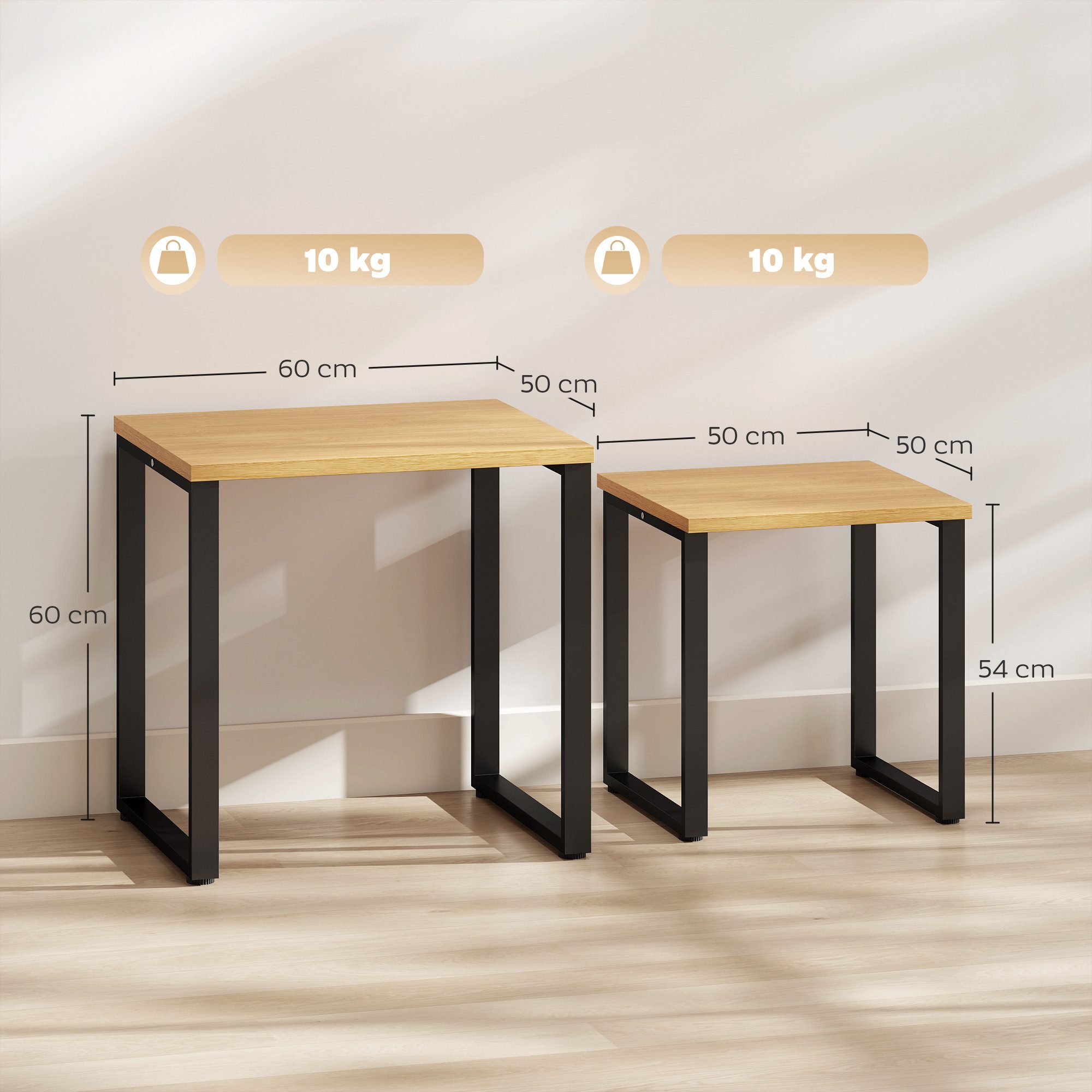 HOMCOM Couchtisch Wohnzimmertisch mit Metallrahmen, Beistelltisch Natur (Kaffeetisch, 2-St., Satztisch), modernes Design