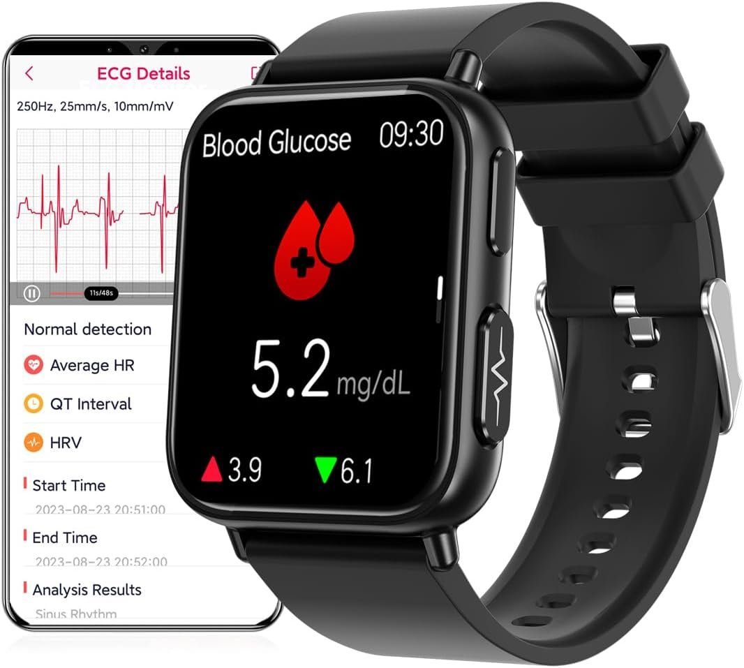 DigiKuber Smartwatch (1,91 Zoll, Android, iOS), mit Blutzucker, Blutdruck,  Herzfrequenz, Körpertemperatur, Nachrichten