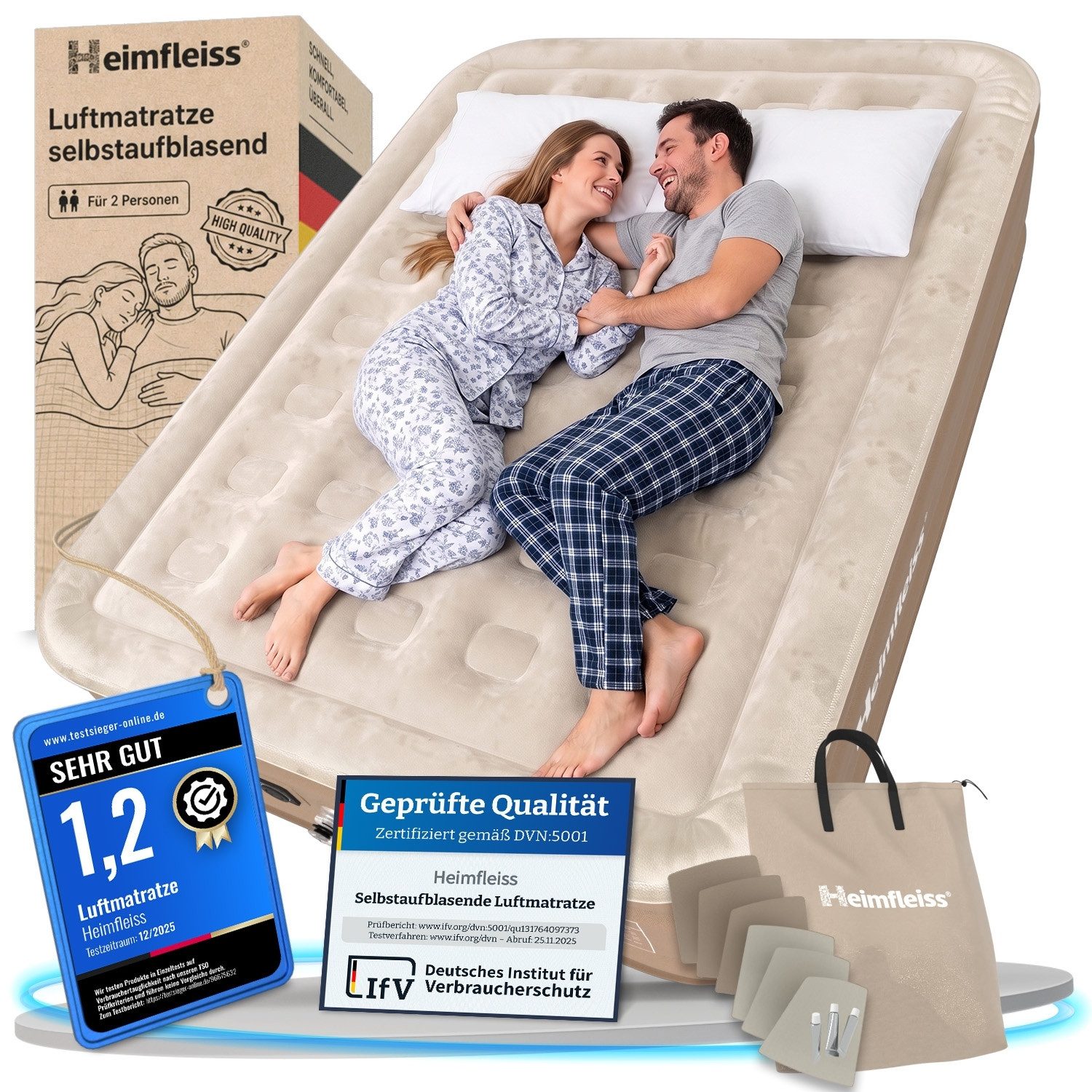 Heimfleiss® Luftmatratze Luftbett selbstaufblasend integrierte Pumpe, (Reisebett Matratze mit Elektropumpe, 3-St., inkl. Tragetasche und Reparatur-Kit), 2 Personen 200x150x45 cm, 300 kg