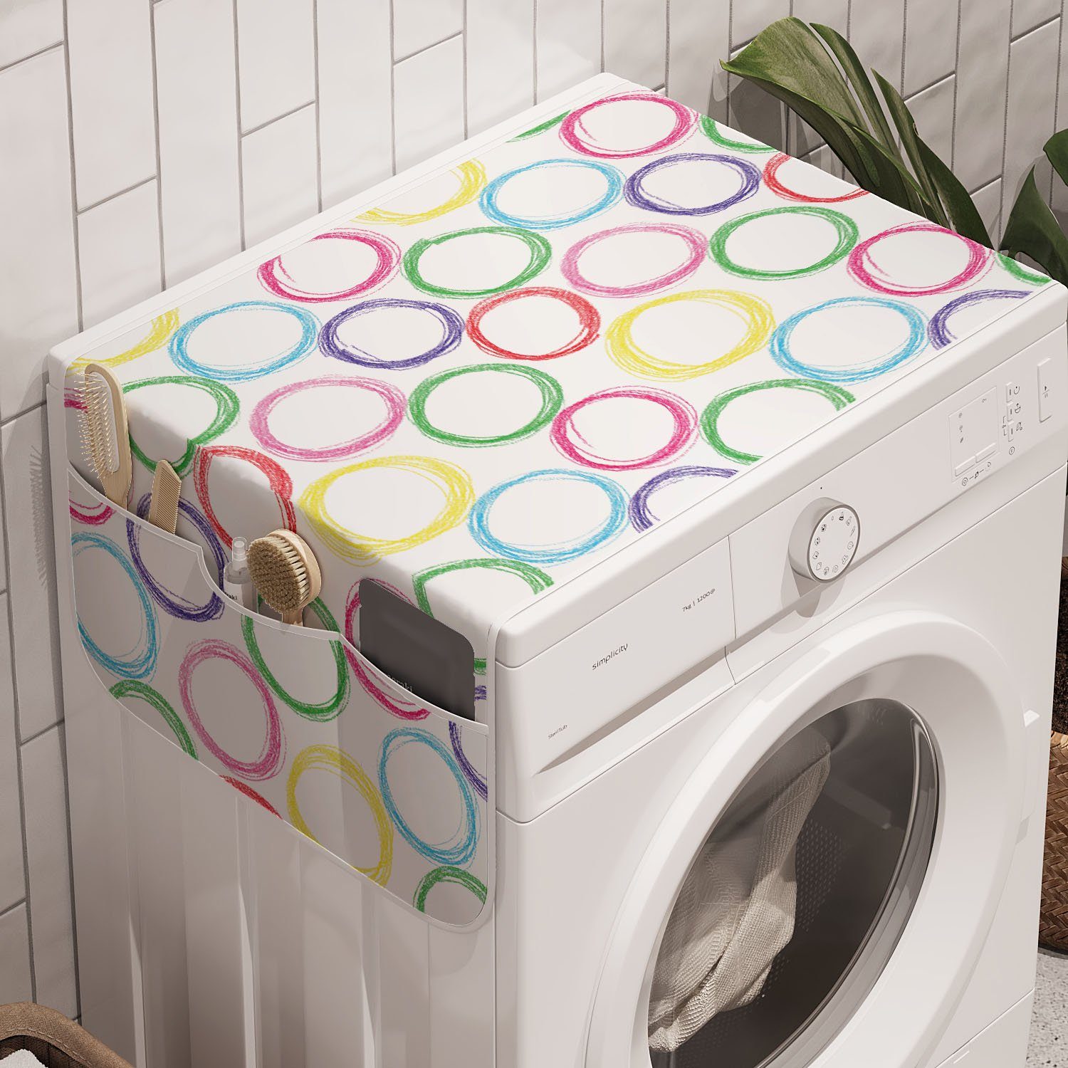 Abakuhaus Badorganizer Anti-Rutsch-Stoffabdeckung für Waschmaschine und Trockner, Geometrisch Childish Scribble Kreise