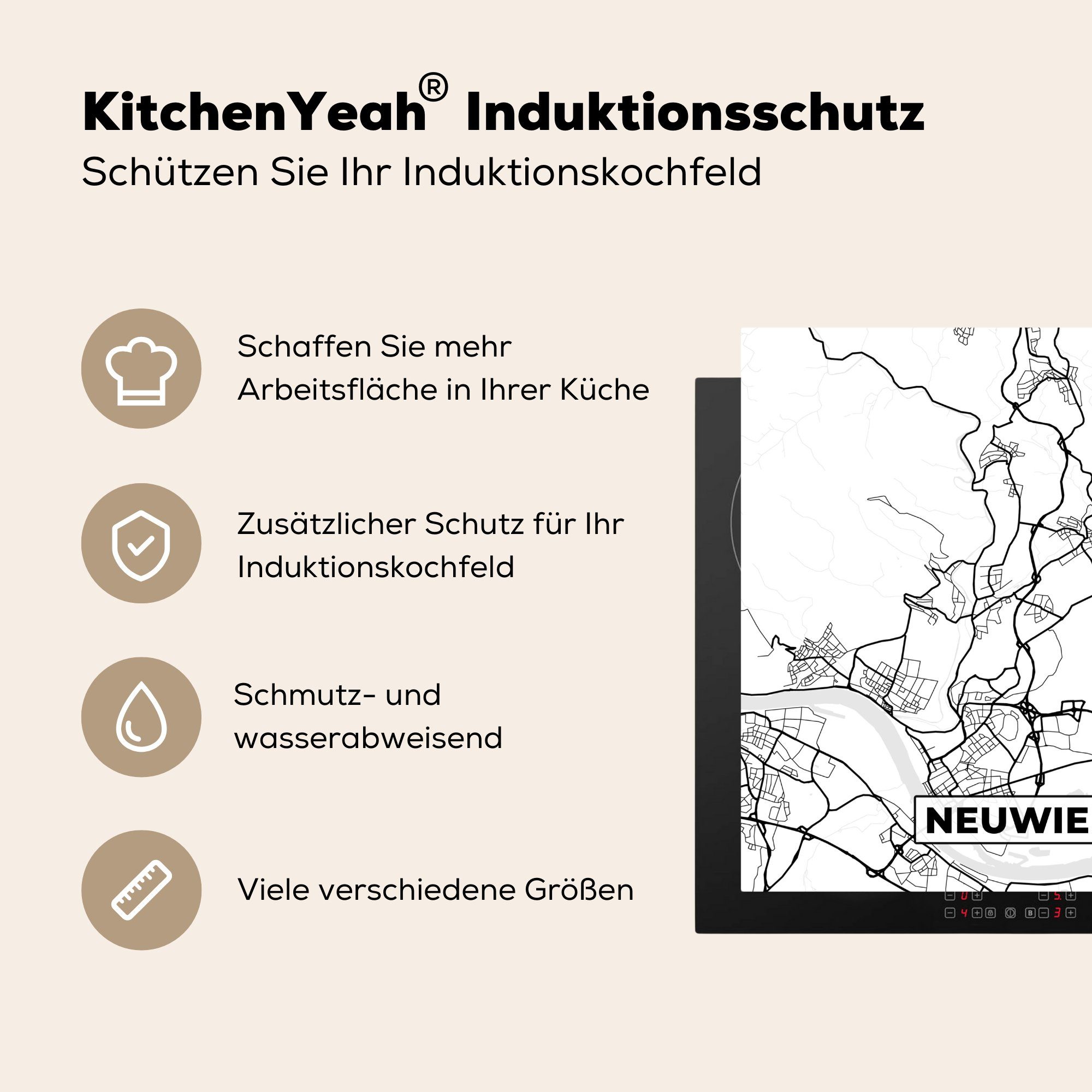 MuchoWow Herdblende-/Abdeckplatte Neuwied - Ceranfeldabdeckung, Vinyl, 78x78 Arbeitsplatte küche (1 tlg), - Stadtplan, für cm, Karte