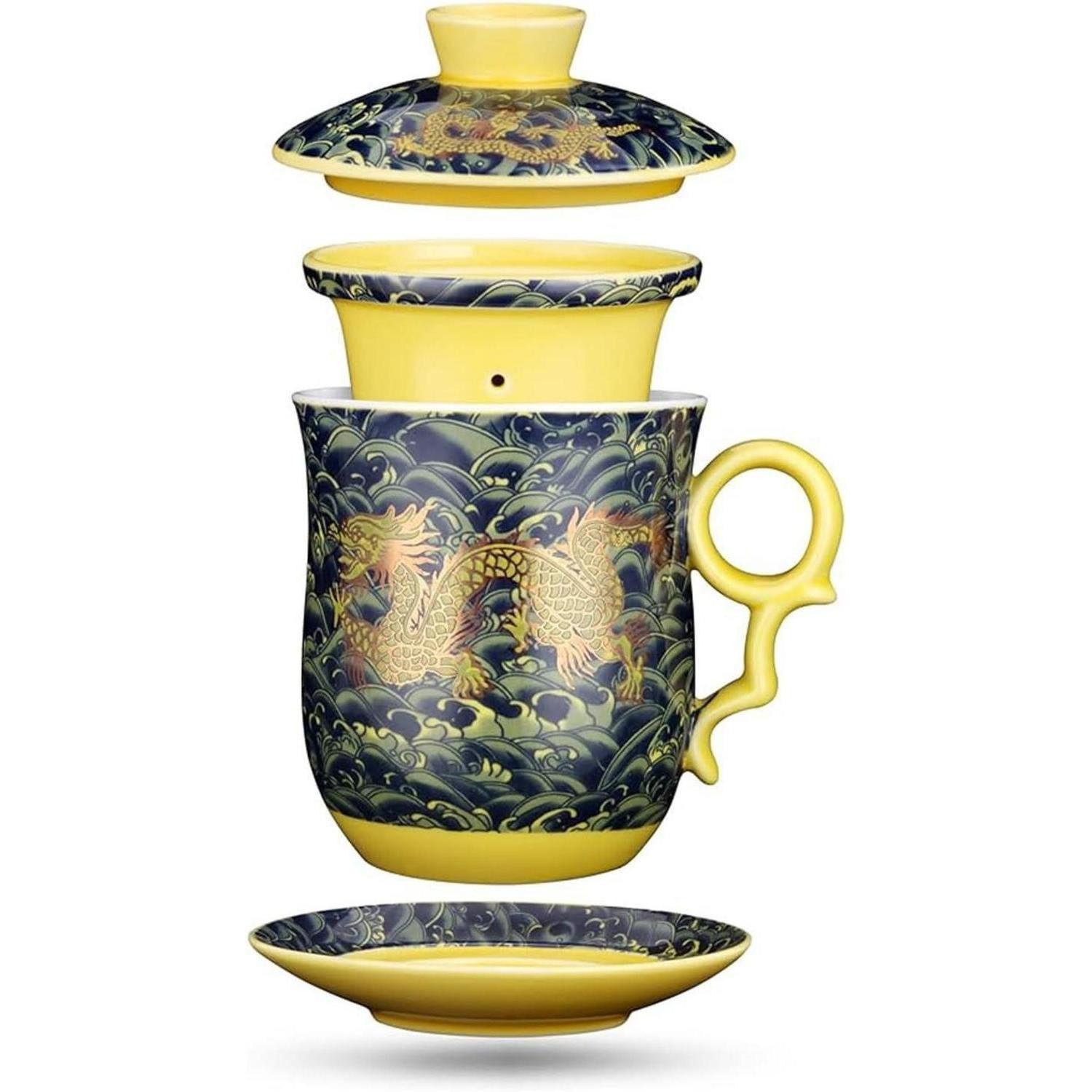 YURROAD Tasse Chinesische Teetasse mit Sieb und Deckel 400ml Keramik Drache