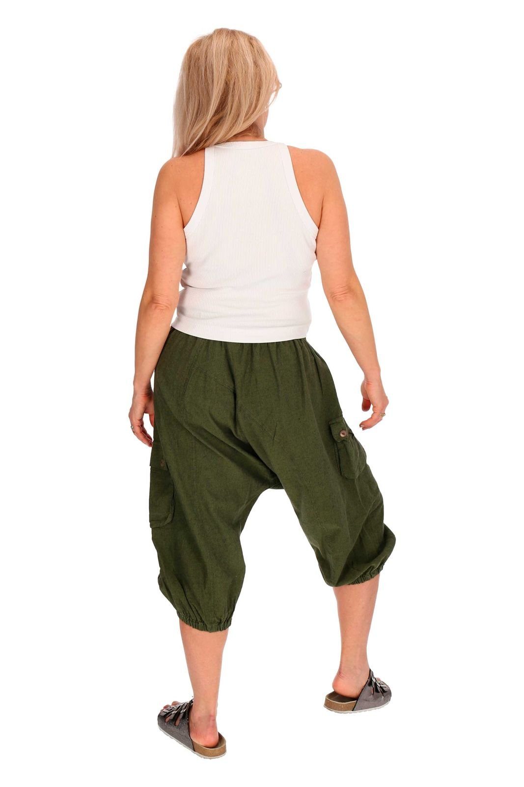 MAGIE Baggy Baumwoll Hippie Haremshose Kurze Hose Grün UND Aladin Haremshose Unisex Pants 3/4 KUNST