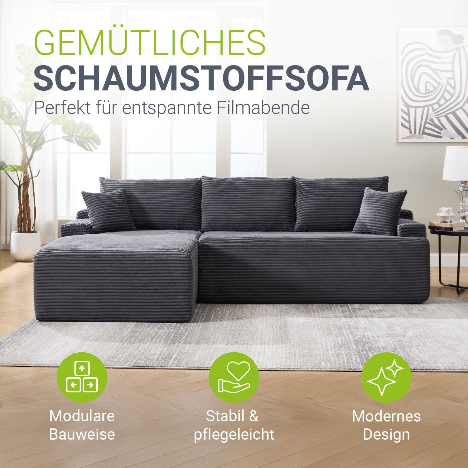 Juskys Ecksofa Coredo, Ecksofa, mit Rücken- & Dekokissen, Cordbezug, Modula günstig online kaufen