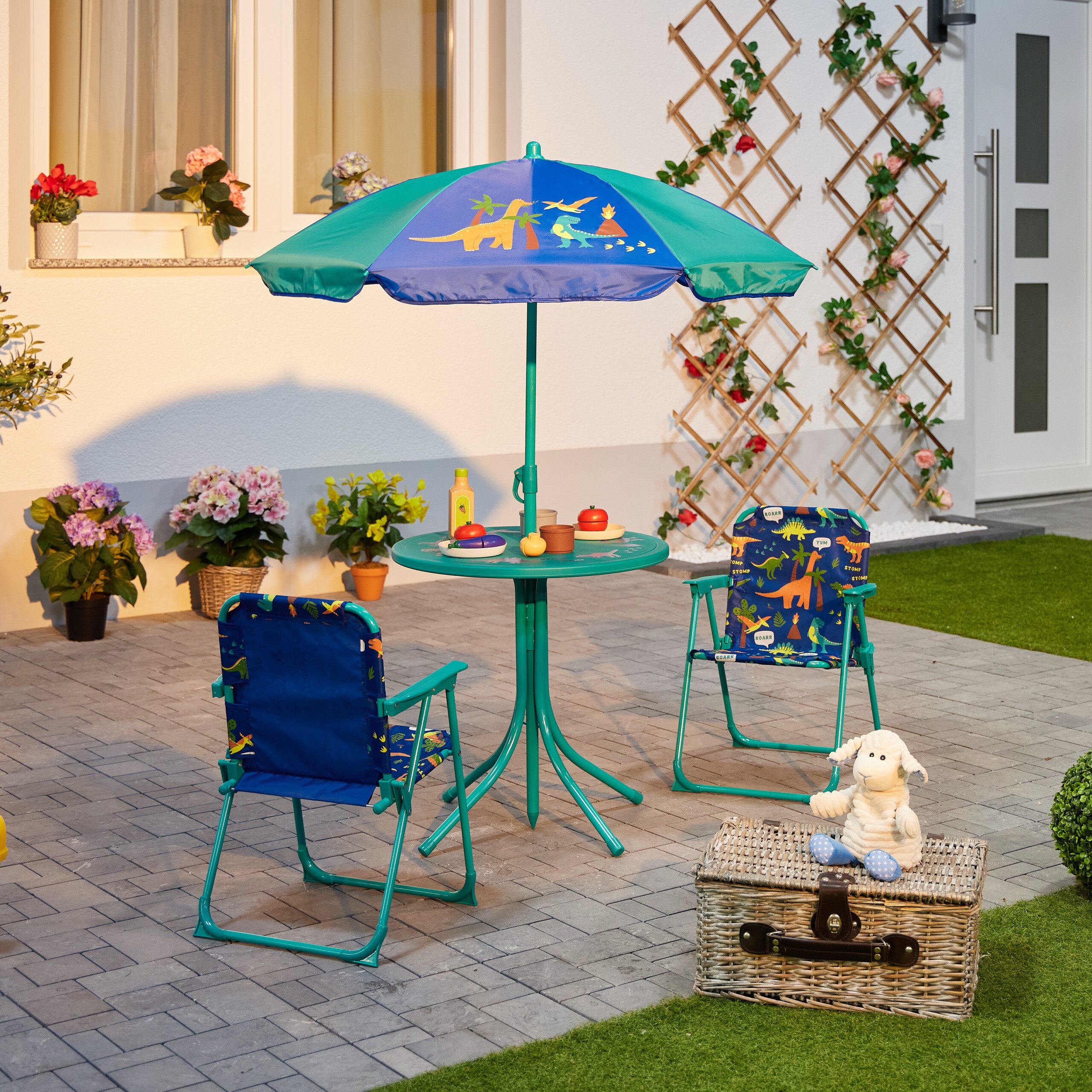 relaxdays Garten-Kindersitzgruppe Camping Kindersitzgruppe mit Schirm, Dino