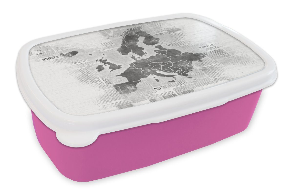 MuchoWow Lunchbox Eurocard auf Zeitungspapier - schwarz und weiß, Kunststoff, (2-tlg), Brotbox für Erwachsene, Brotdose Kinder, Snackbox, Mädchen, Kunststoff rosa