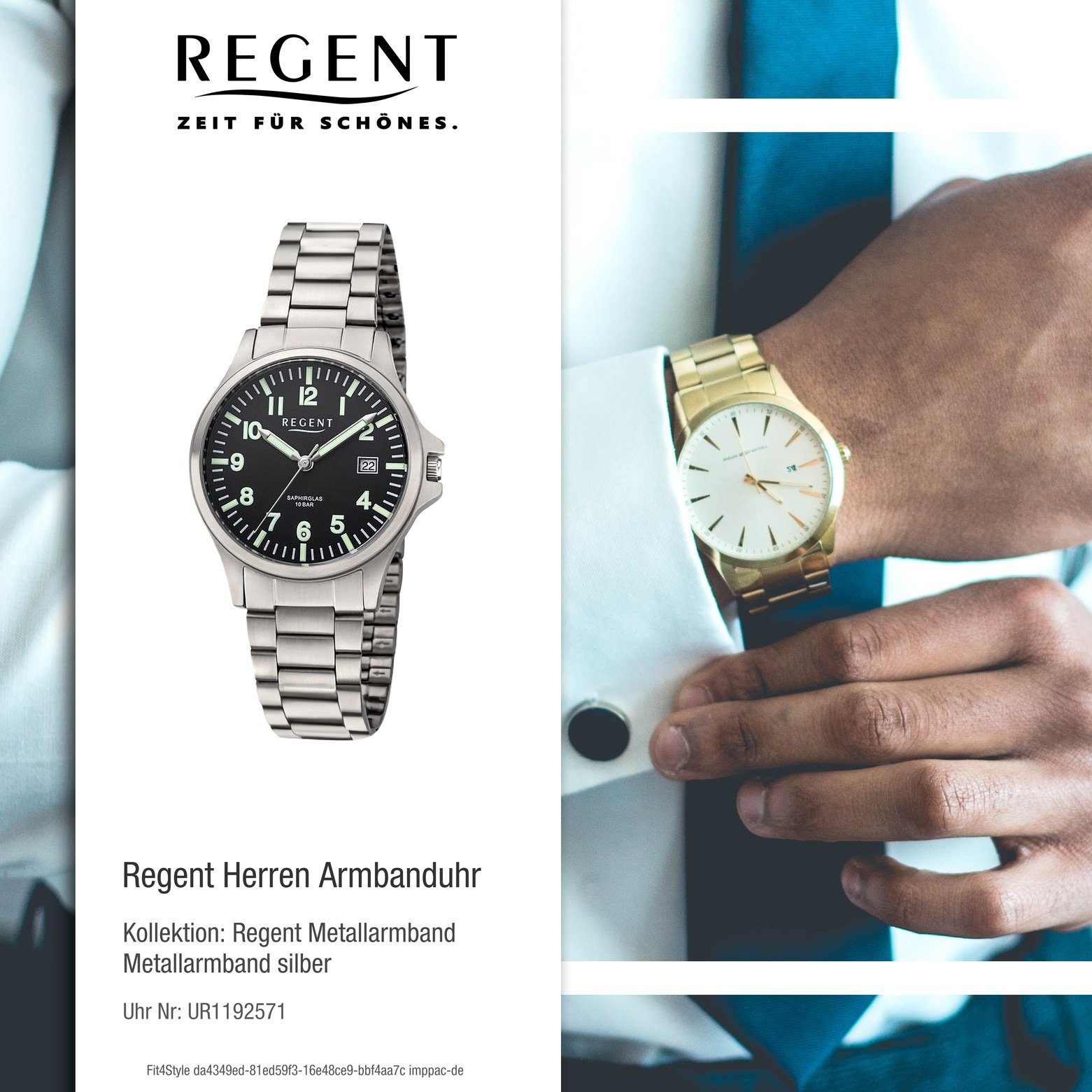 Regent Quarzuhr Regent Herren Armbanduhr Analog, Armbanduhr (ca. rund, extra Metallarmband groß 36mm), Herren