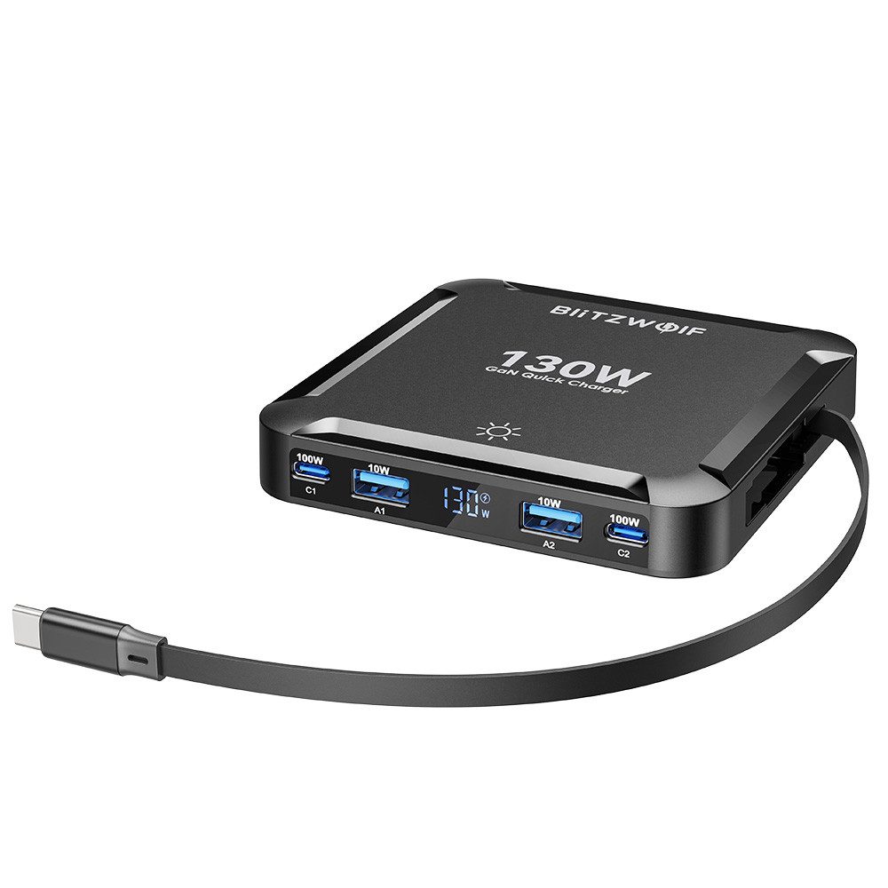 BLiTZWOLF 5-in-1 130W GaN PD USB-Ladegerät (mit Digitaldisplay, Einziehkabel, Schnellladung für iPhone, MacBook, Apple Watch)