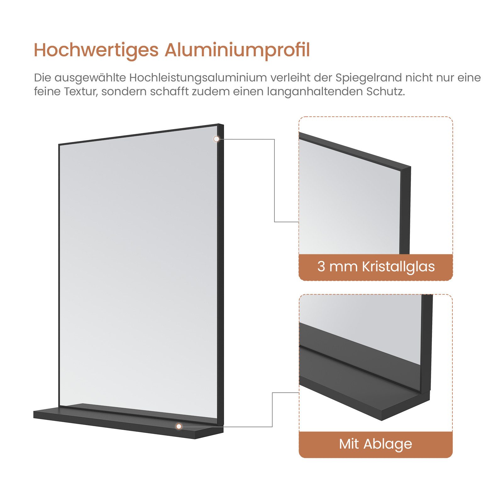 AQUALAVOS Badspiegel Badspiegel mit Ablage Aluminiumrahmen Schwarz matt Wandspiegel Spiegel, ohne/mit Beleuchtung 50x70 80x60 cm Rechteckiger Badspiegel für Bad – Bild 4 von 5