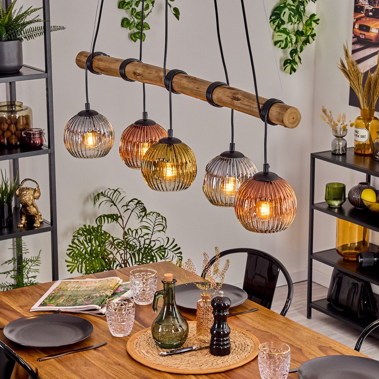 hofstein Pendelleuchte Hängelampe aus Metall/Holz/Riffelglas in Chrom/Rauch/Kupfer/Gold/Klar, ohne Leuchtmittel, Hängeleuchte im Retro/Boho Design mit Glasschirmen und Holzbalken, E27