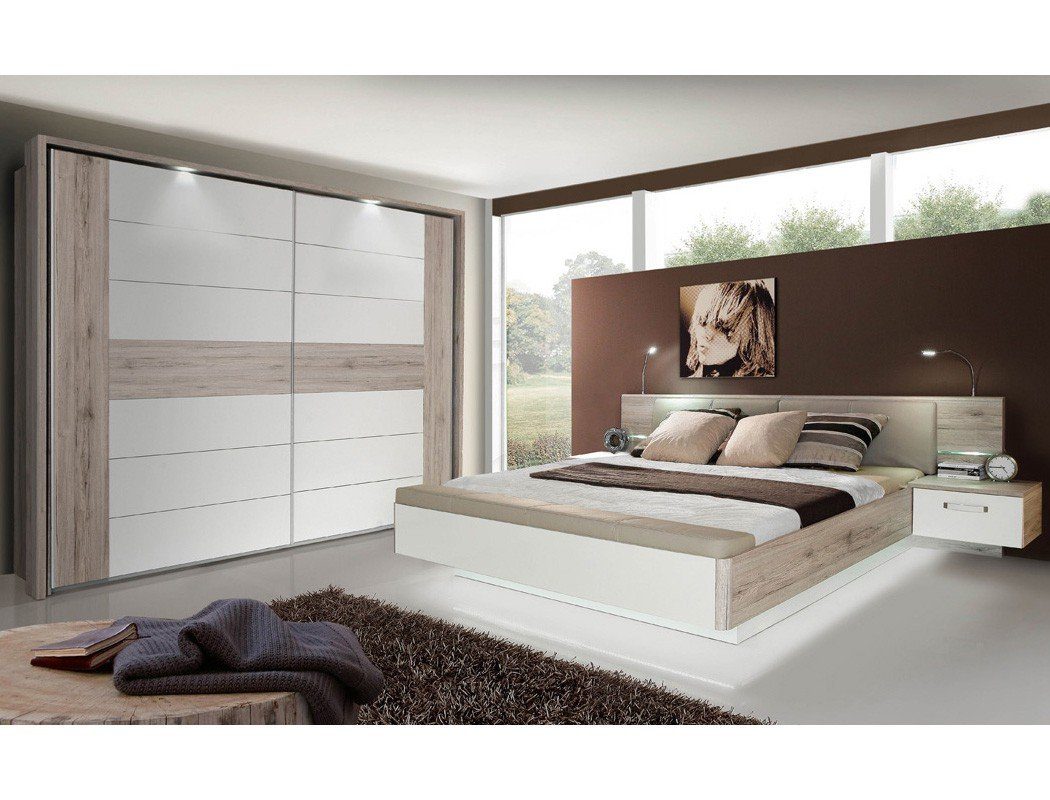 expendio Schlafzimmer-Set Rubio 20A, (Spar-Set, 2-St), Sandeiche / weiss  180x200 cm mit LED-Beleuchtung und Fussbank