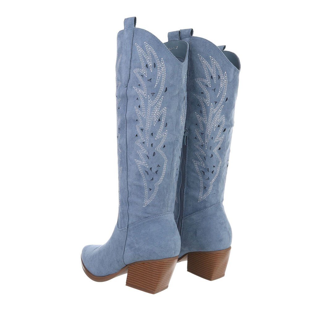 Ital-Design Elegante Damen-Cowboystiefel mit Durchbrüchen und Blockabsatz Westernstiefel (83592577) Blockabsatz Western- & Bikerstiefel in Hellblau