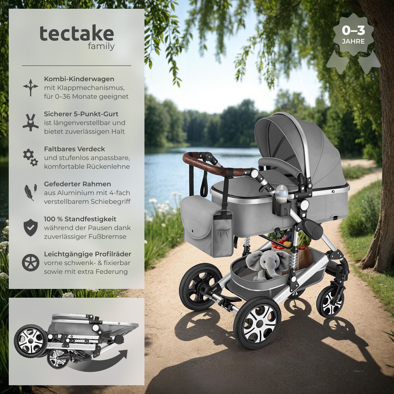 tectake Kombi-Kinderwagen Mats, klappbar, mit 5-Punkt-Gurt, Schutzbügel und Handschlaufe