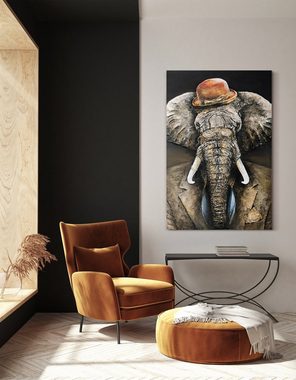 YS-Art Gemälde Herrschaft, Tiere, Leinwand Bild Handgemalt Elefant mit Hut Tier in Gold