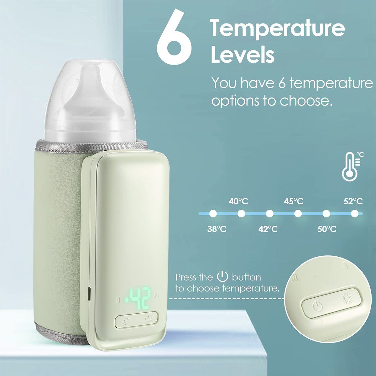 Babyflaschenwärmer für Unterwegs temperaturanzeige Babykostwärmer autolock Babyflaschenwärmer Tragbarer, oder mit Muttermilch Flaschenwärmer Milchnahrung Grün