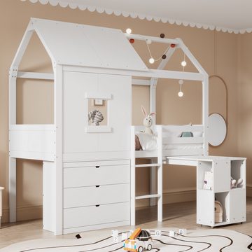 Ulife Hochbett Kinderbett, Hausform, ausziehbarer Tisch, drei Schubladen 90*200cm, Weiß