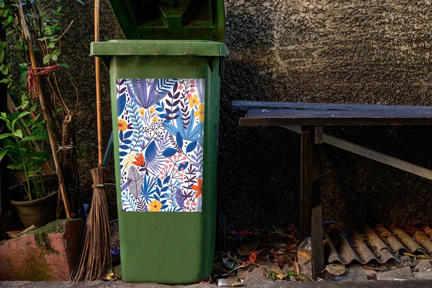 Container, MuchoWow Muster - Mülltonne, St), Abfalbehälter Wandsticker Sticker, Sommerzeit Natur - Mülleimer-aufkleber, (1