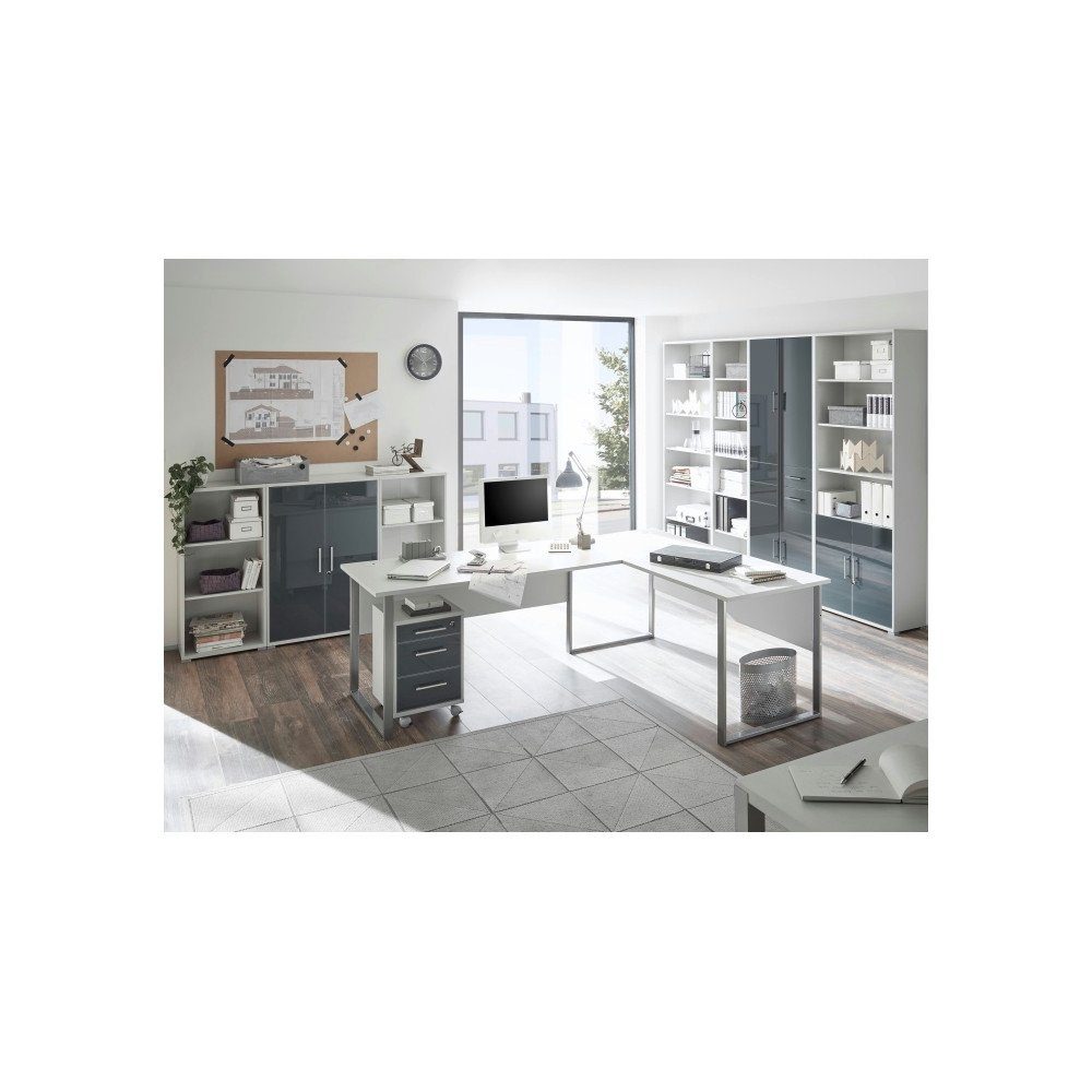 möbel-direkt.de Büromöbel-Set Office Line Lux in Platingrau mit lackierten Fronten in Graphit, (Komplett Set, 9-tlg., Winkelschreibtisch, Rollcontainer, Regalwand,  Sideboard), lackierten Graphit-Glasfronten, abschließbar