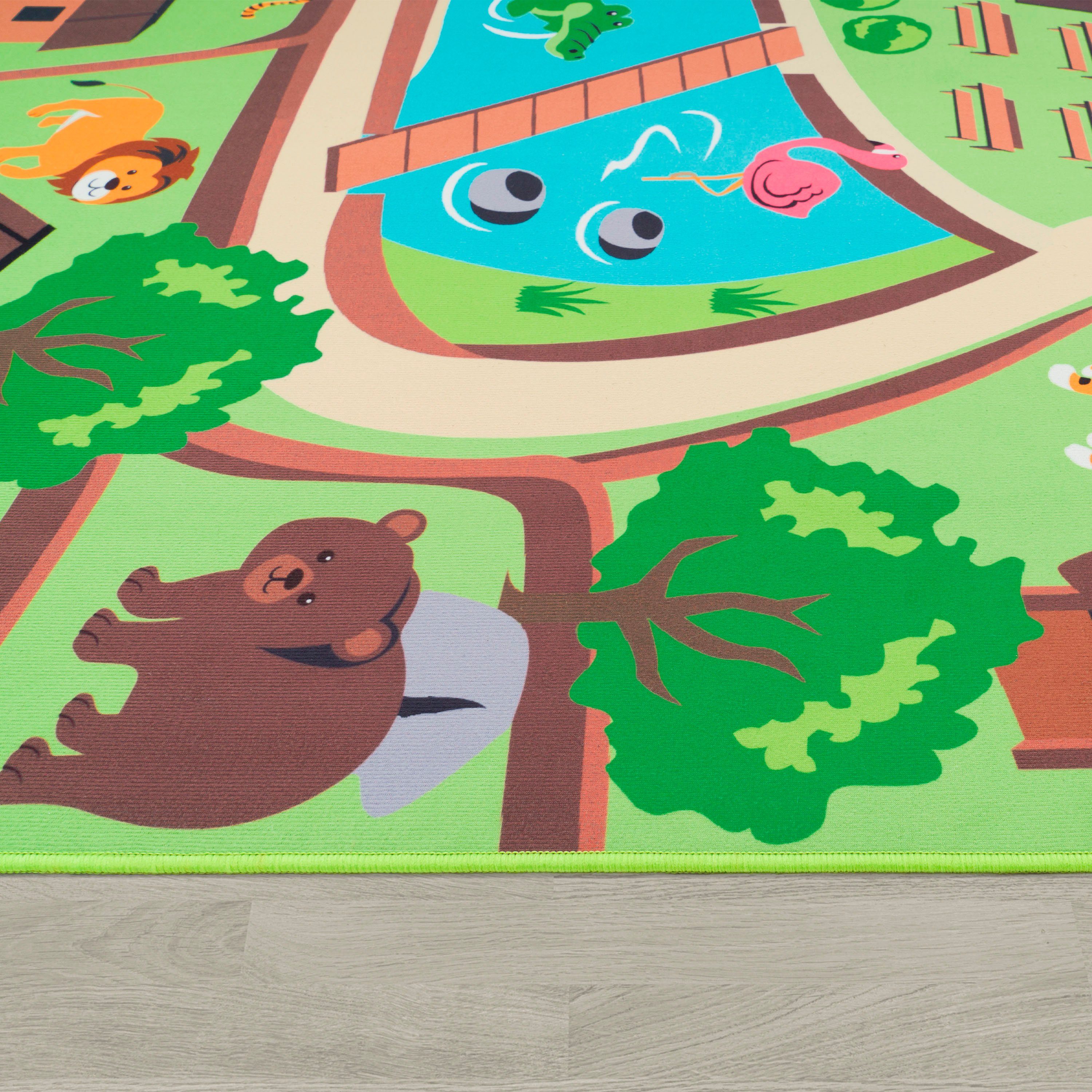 Paco Home Kinderteppich Bino 563, rund, Höhe: 4 mm, Kurzflor, Straßen-Spiel-Teppich, Motiv Zoo, Kinderzimmer