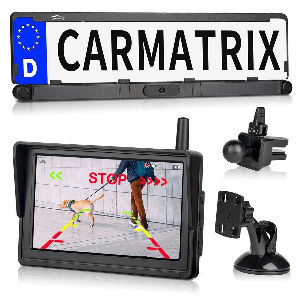 CARMATRIX Solar 2 Rückfahrkamera (Auto Funk Video Solar Rückfahrsystem  Nummernschild Kennzeichenhalter, mit 2 PDC Sensoren, Einparkhilfe mit  Rückfahrkamera zum nachrüsten)