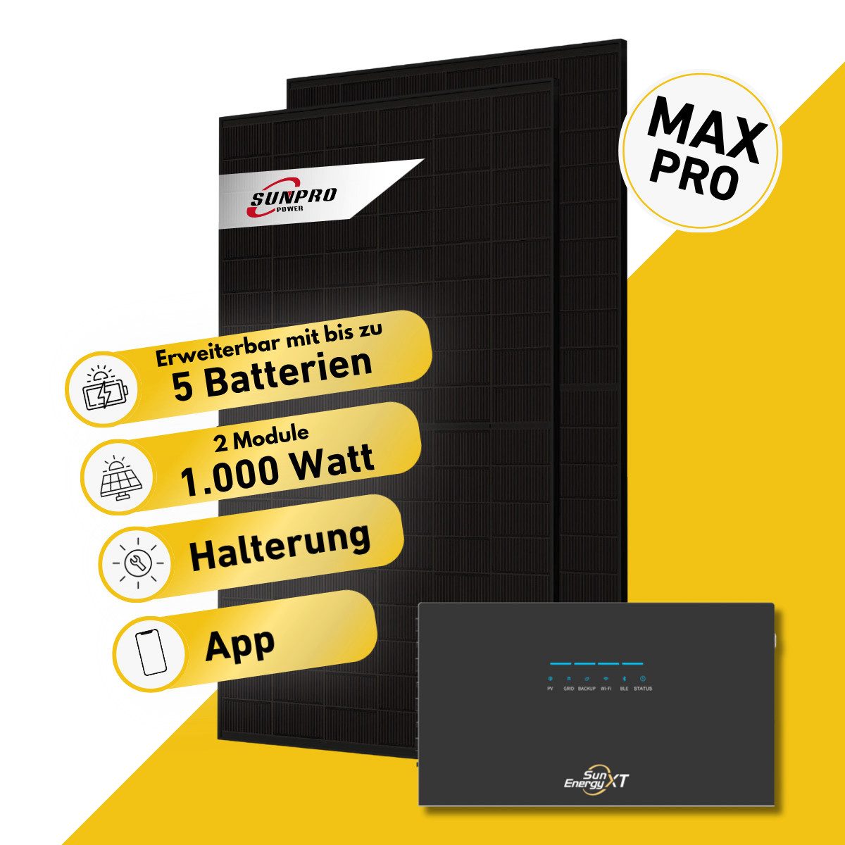 Balkonstrom Balkonkraftwerk MAX Pro 1000 Watt Solaranlage mit Speicher Komplettset Bifazial, 1000 W, Monokristallin, (2x Sunpro Solarmodul á 500 Watt, 1x Hoymiles HiBattery 4020 X, 1-3 Zusatzspeicher HB-4020-S), Halterung für Dach, Fassade, Balkon & Garten, App & Plug&Play DE