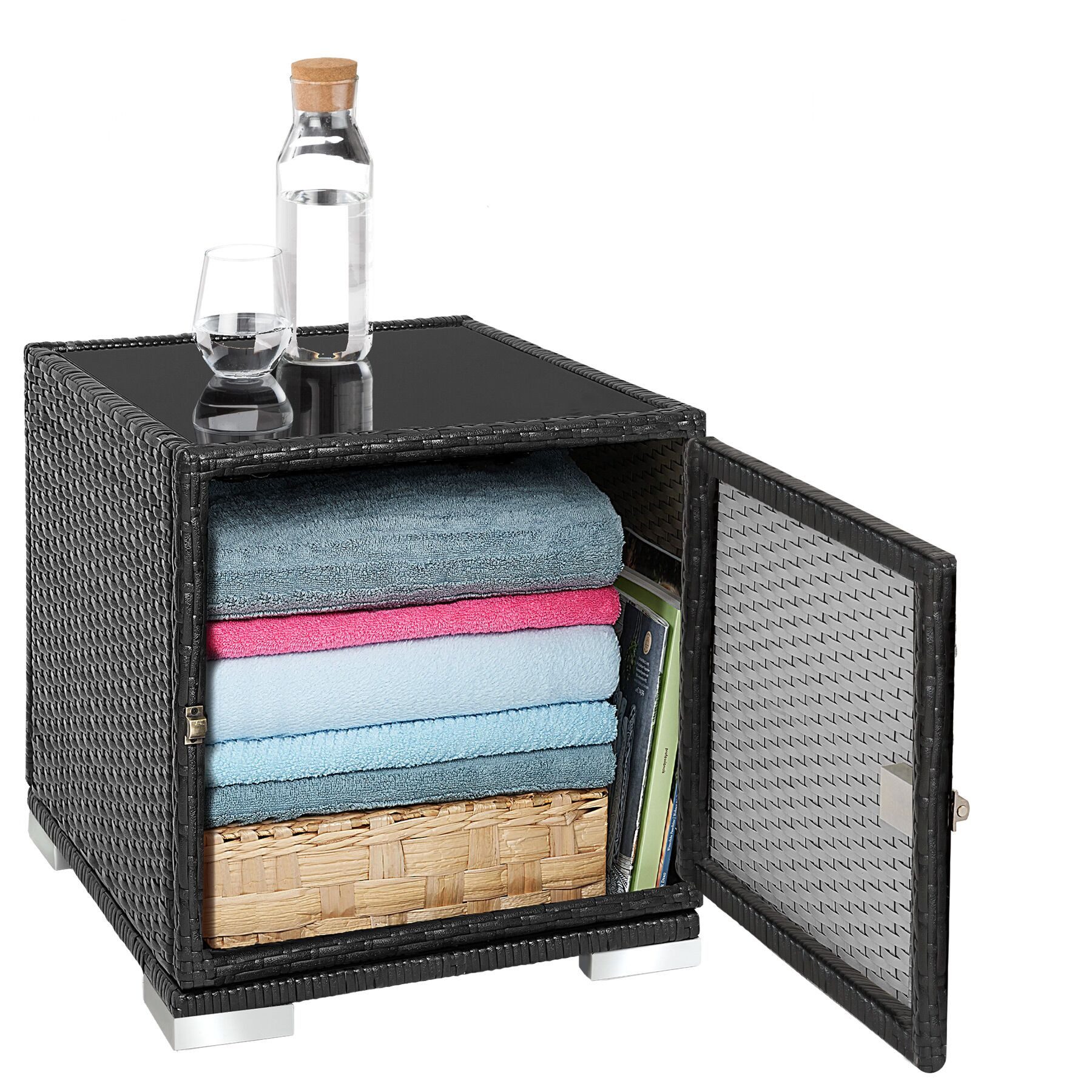 tectake Gartenliege Rattan Sonnenliegen, inklusive 2 Bezugssets und Schutzhülle, Rattan Liegestuhl Nautica, 1 St., in schwarz, wetterfest und UV-beständig, Tisch mit Staufach, Sicherheitsglasplatte