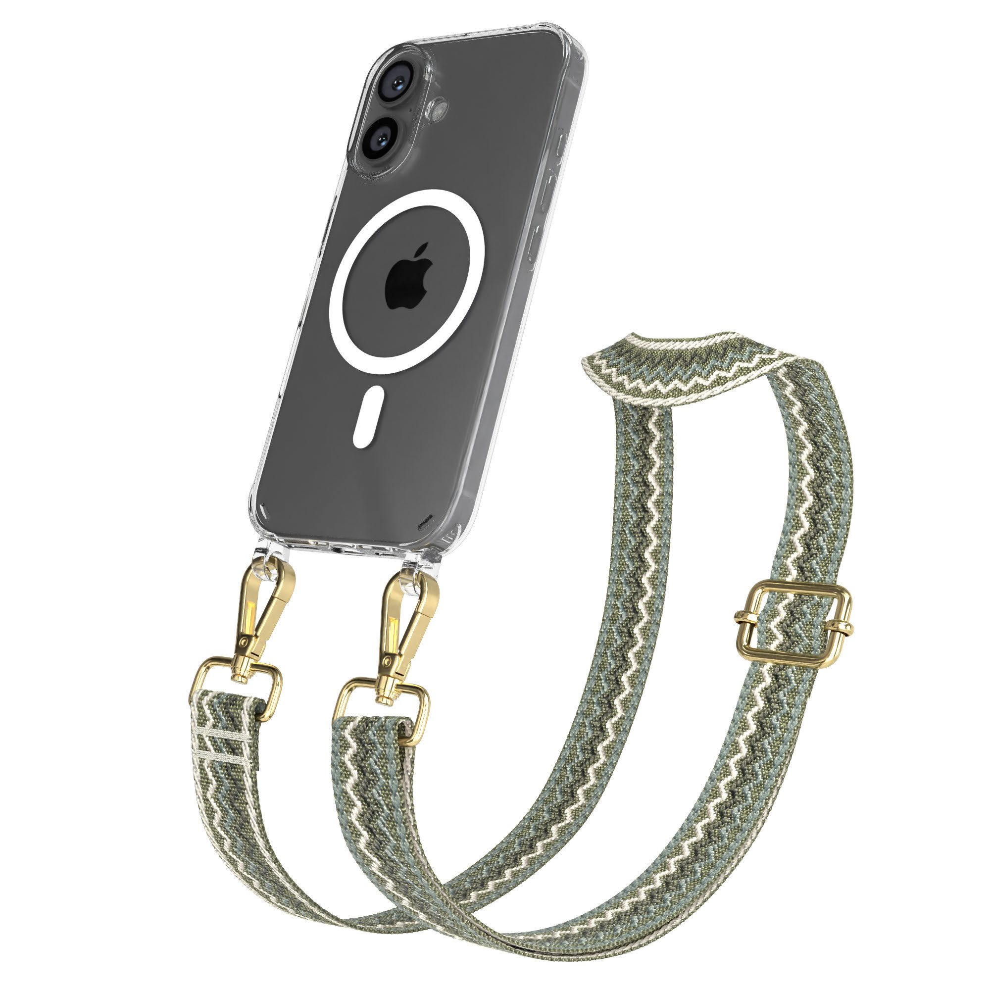 EAZY CASE Handykette Umhängeband MagSafe Hülle für Apple iPhone 16 6,1 Zoll, Flache Kordel für Handy Ketten Wave Style Silikon Case MagSafe Grün