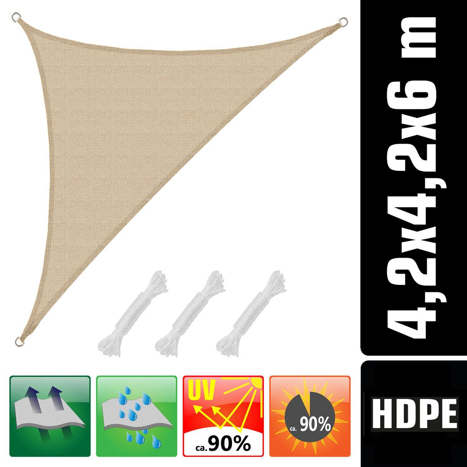 AMANKA Sonnensegel mit UV Schutz - 6 x 4,2 x 4,2 Winddurchlässig - Garten Terrasse Balkon, Wasserdurchlässiges HDPE Sonnenschutzsegel - Überdachung Dreieckig
