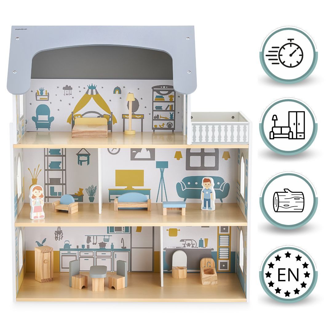 Mamabrum Puppenhaus Großes Puppenhaus aus Holz mit Zubehör und Spielfiguren