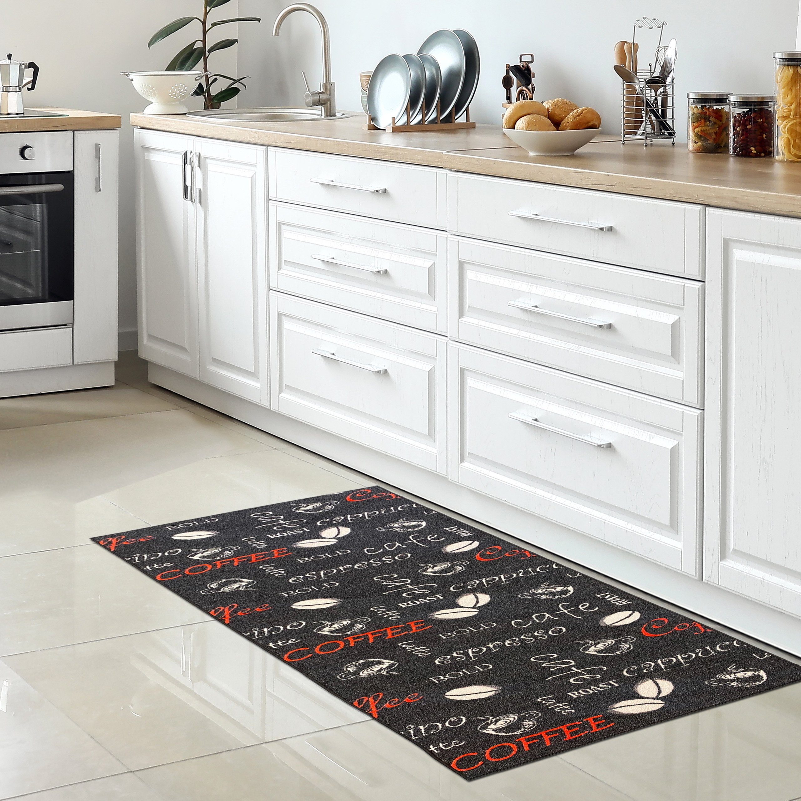 Carpetia Teppich Küchenläufer schwarz mit Gelrücken und Schriftzug in weiß günstig online kaufen