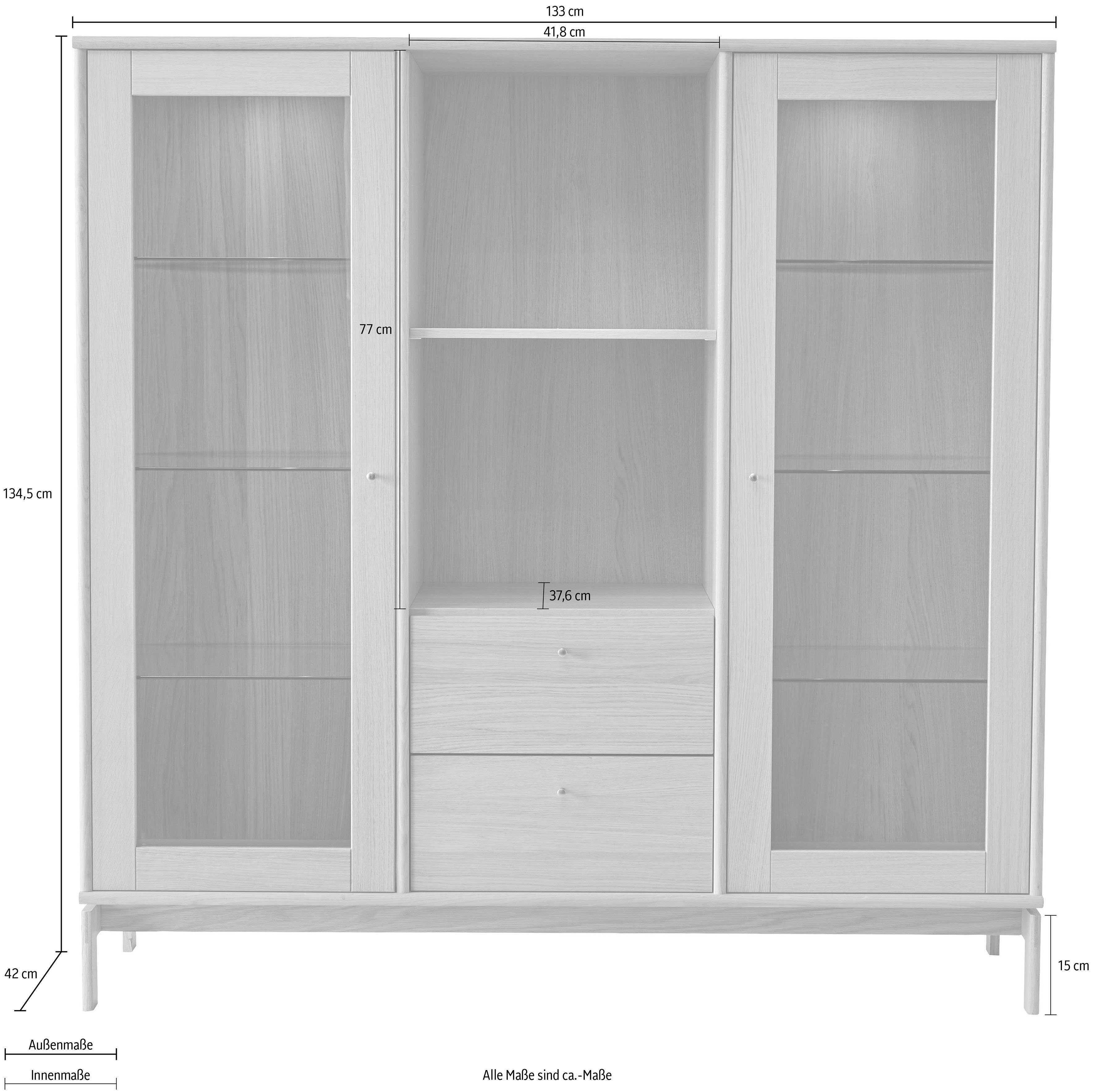 Glasschrank, Mistral Vitrine Hammel Furniture Designmöbel 133 mit und Standvitrine B: anpassungsbar cm, Türen Schubladen, Eiche,