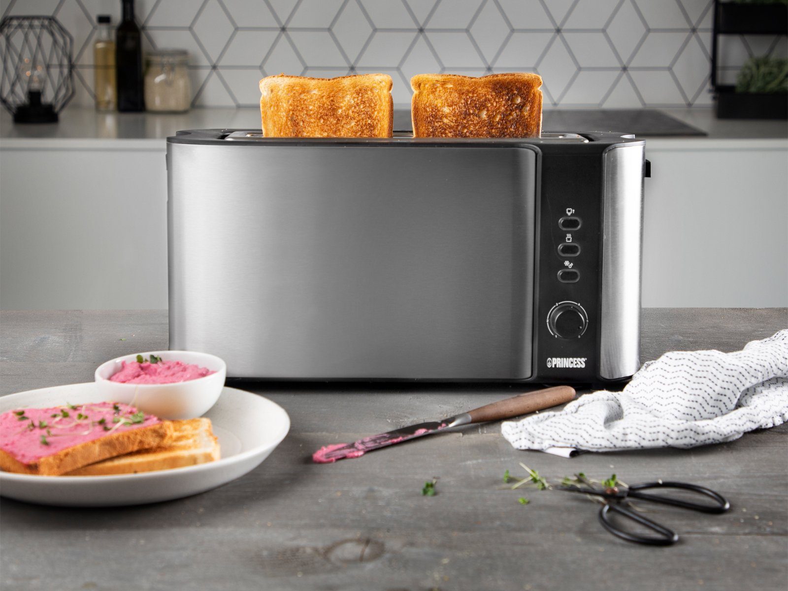PRINCESS Toaster, 1 langer Schlitz, W, mit Toastbrot, für schmal 1000 Toster langer Schlitz 1 Brötchenaufsatz Toastmaschine