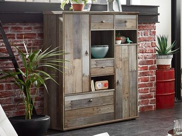 möbelando Wohnwand Britta, Wohnwand aus Spanplatte foliert in Driftwood Nachbildung bestehend aus 1x Vitrine, 1x Highboard, 1x TV-Lowboard und 1x Wandboard, Griffe aus Zinkdruckguss in Antik-Optik, inkl LED-Beleuchtung in neutralweiß. Stellmaß ca. Breite 342 cm, Höhe 189 cm, Tiefe 52 cm.