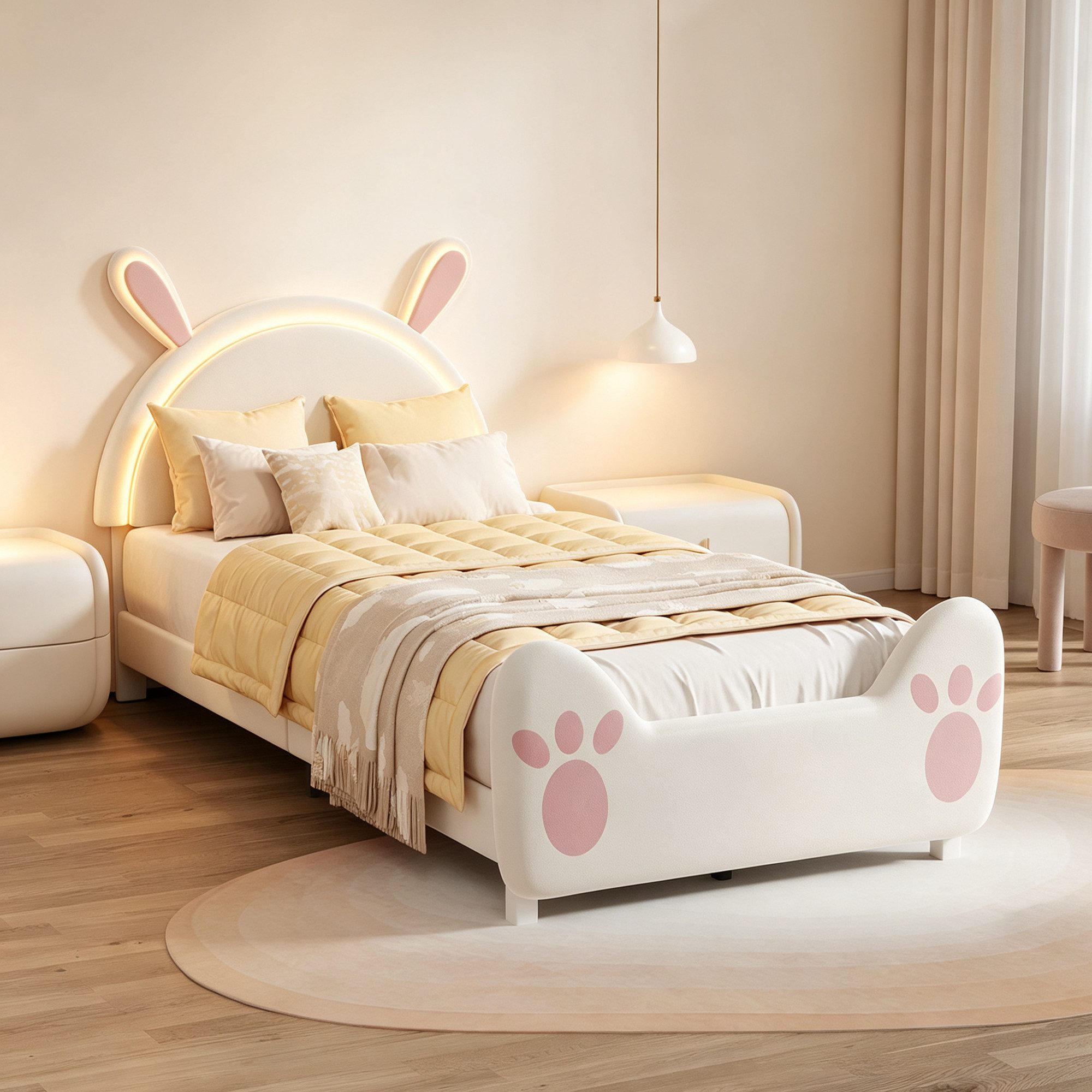 Simurq Prinzessinbett Kinderbett Hase Motiv mit LED-Licht, 90x200, Cartoon Jugendbett, Hasen Kinderbett, DIY Kinderbett, kindgerechtes Bett mit Beleuchtung