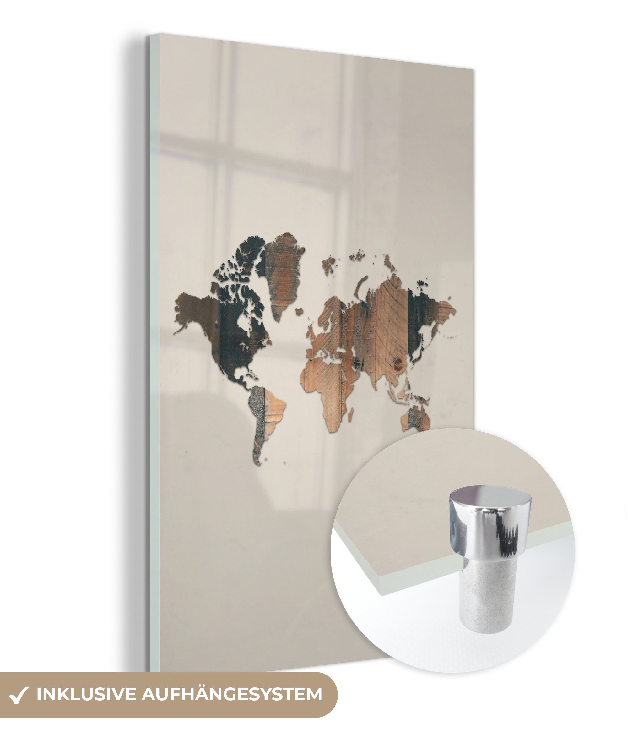 MuchoWow Acrylglasbild Weltkarte - Holzbrett - braun, (1 St), Glasbilder - Bilder auf Glas Wandbild - Foto auf Glas - Wanddekoration