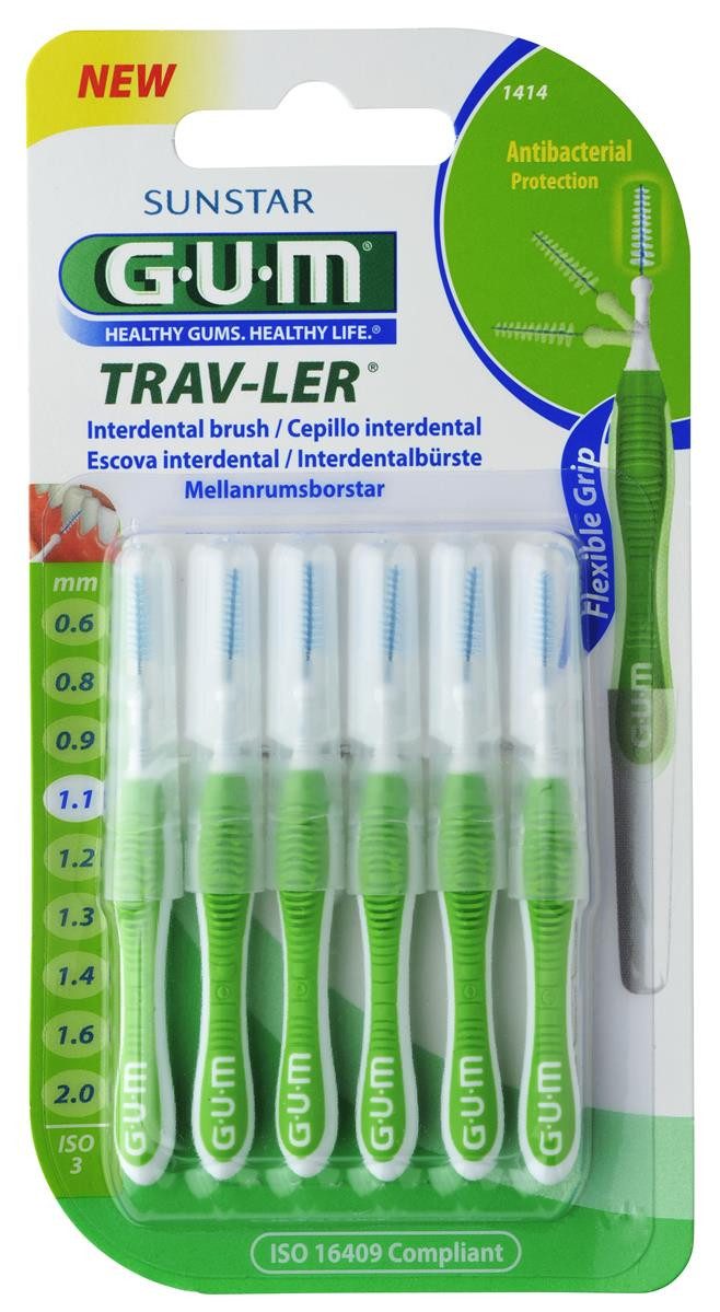 GUM Interdentalbürsten 3x Gum Trav-ler 1,1mm hellgrün - 3x 6 Stück im Blister
