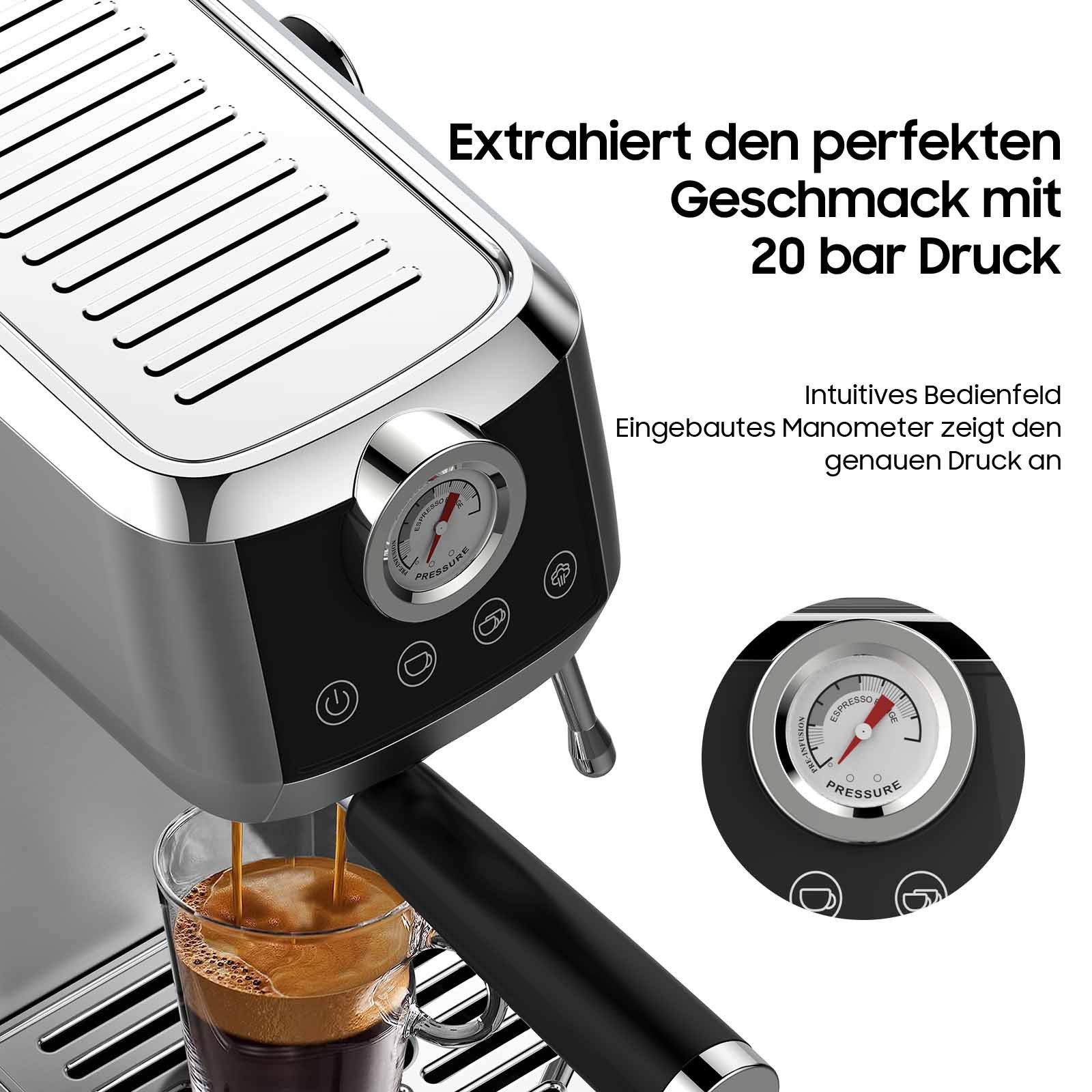AIMAX Espressomaschine CM1665 mit Manometer, Klein Halbautomatische Kaffeemaschine, 20 Bar, Filter aus Edelstahl 51mm, 10mm Milchschaumdüse, Tassenwärmer, Edelstahlgehäuse, Touch-Bedienung