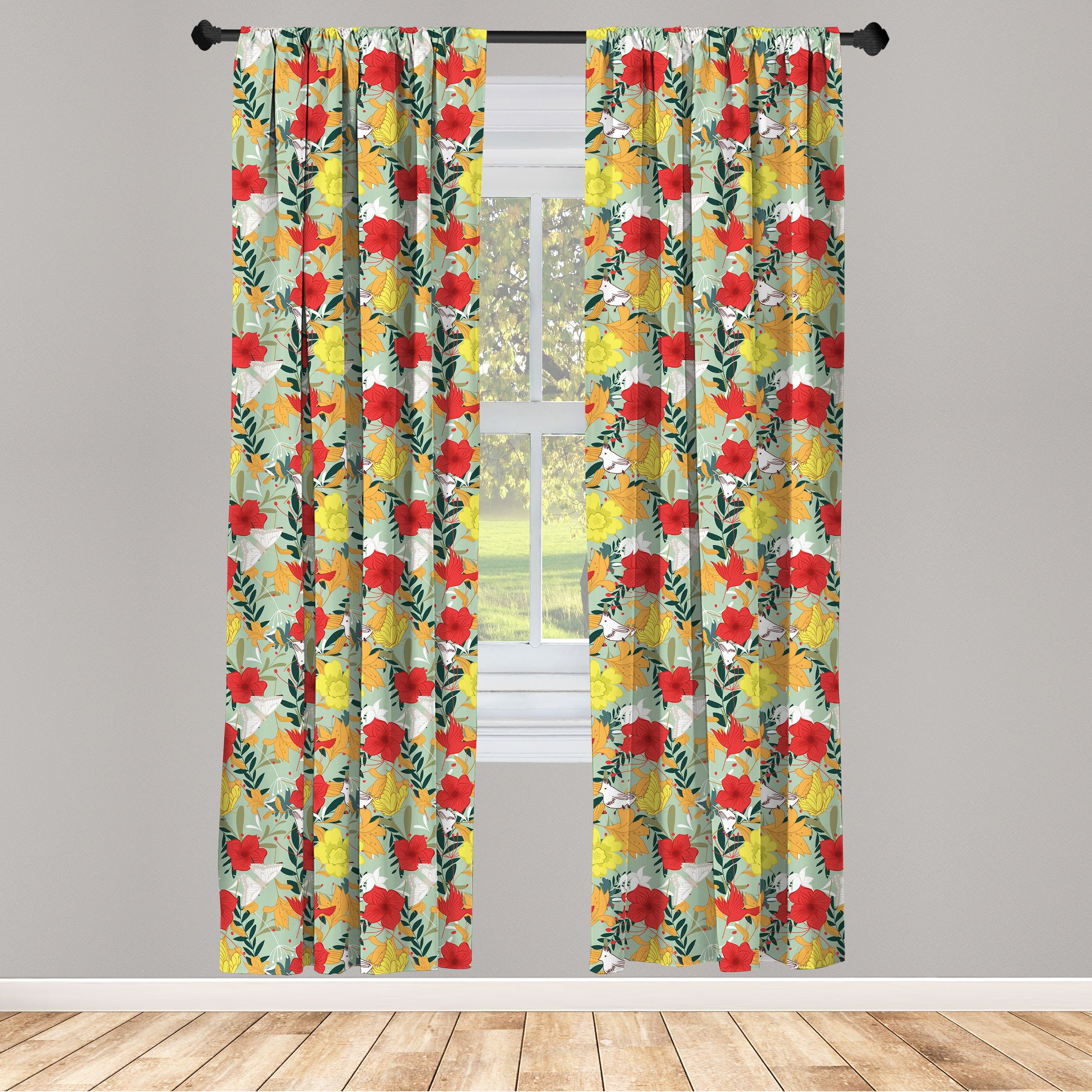 Gardine Vorhang für Abakuhaus, Schlafzimmer Blüten Hibiscus Dekor, Microfaser, Jungle Tropisch Wohnzimmer