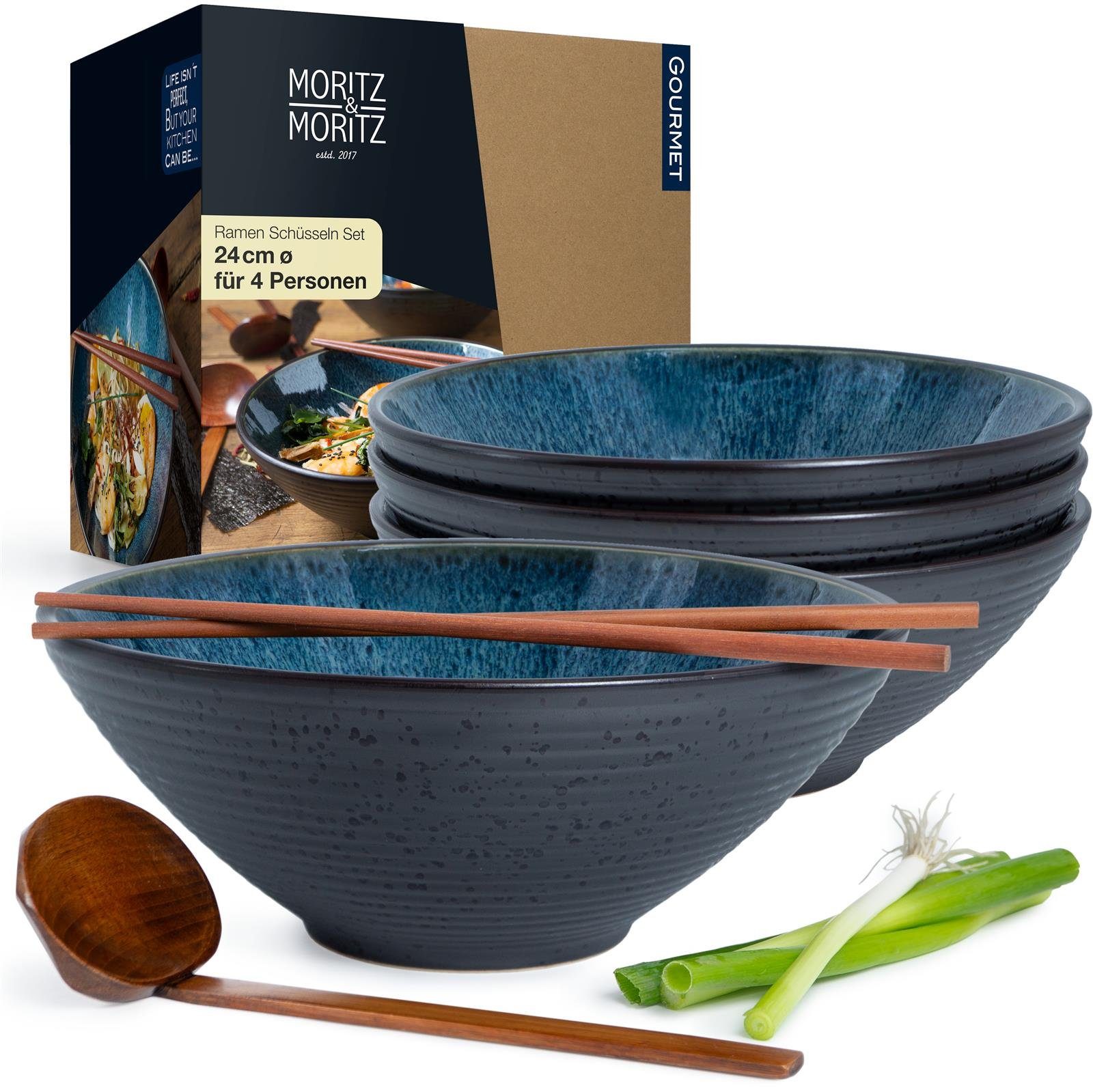 Moritz & Moritz Suppenschüssel Moritz & Moritz Ramen Schalen blau mit Rillen 4er Set, Keramik, Sandelholz, (4er Set, 12-tlg)