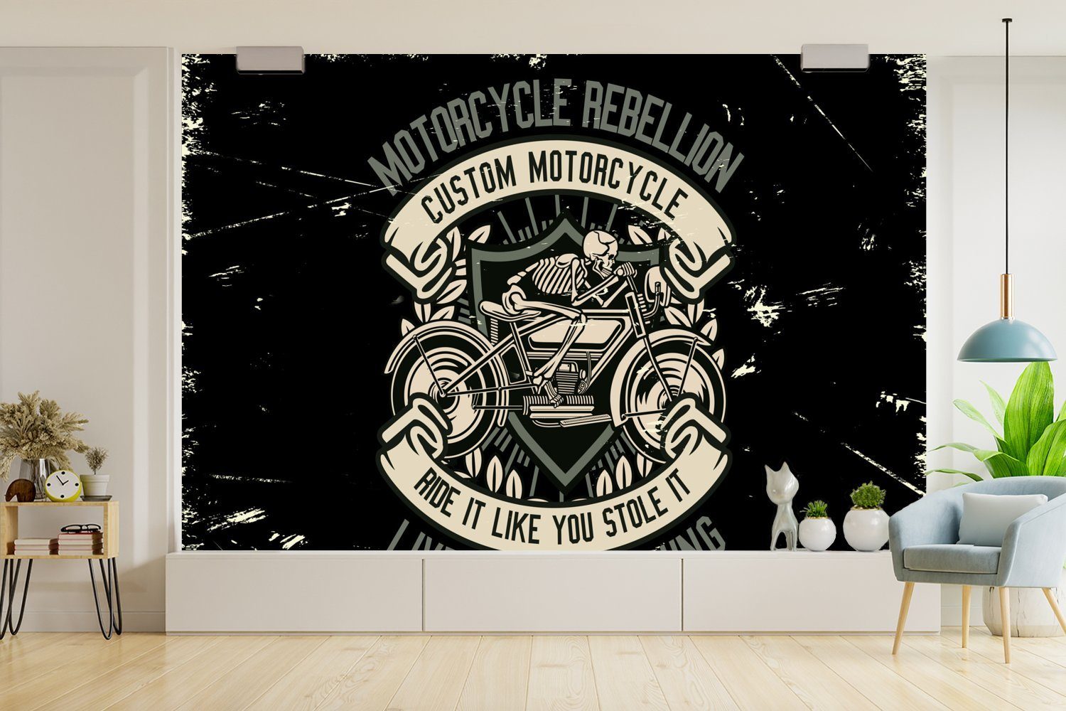Fototapete - Motorrad Vinyl bedruckt, Schlafzimmer, Matt, St), - Kinderzimmer, MuchoWow für Skelett Wohnzimmer, (6 Vintage Zitat, - Tapete Wallpaper