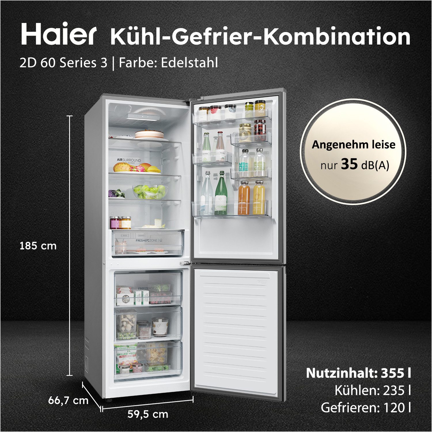Haier Kühl-/Gefrierkombination Combi 2D 60 HDPR1618CNPK, 185 cm hoch, 59,5 cm breit, FreshZone (0 °C): Ideal für leicht verderbliche Lebensmittel