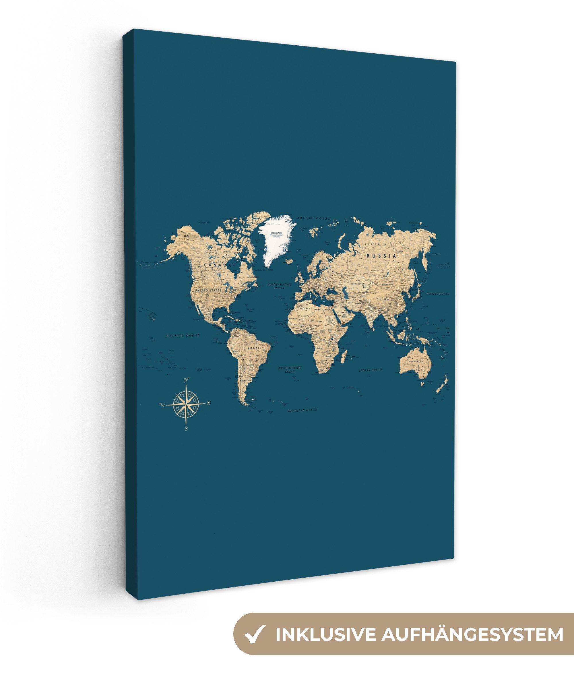 OneMillionCanvasses® Leinwandbild Weltkarte - Dunkelblau - Beige, Fotodruck günstig online kaufen