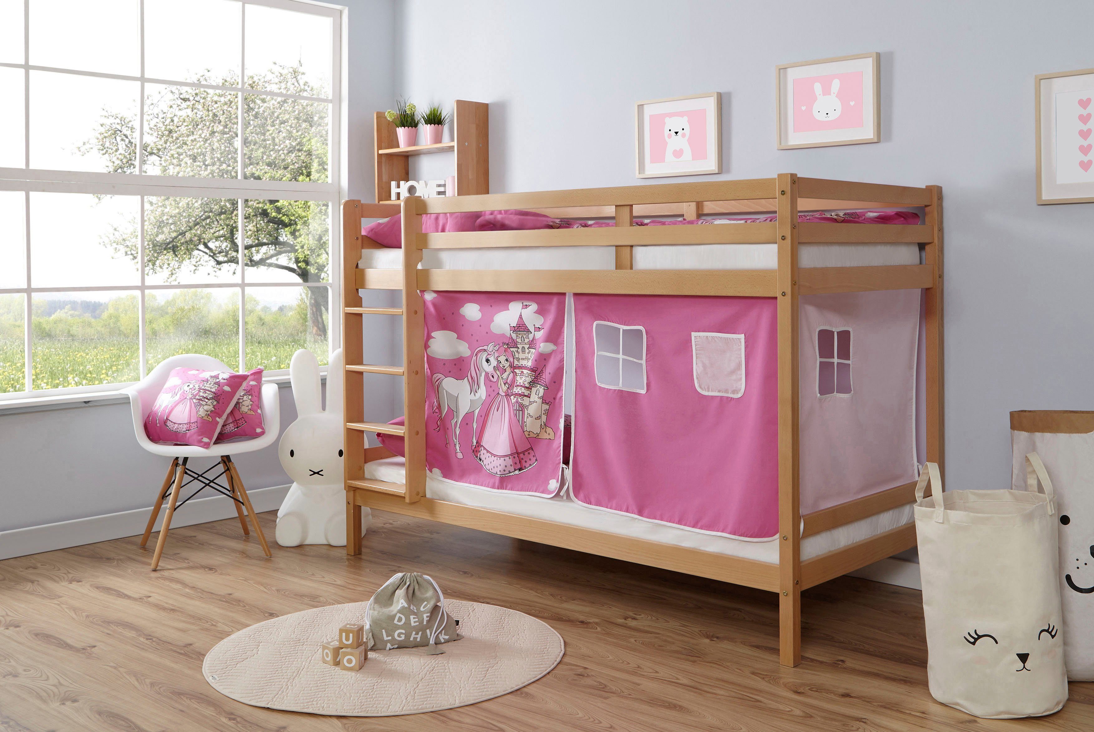 Matratze, Textil-Set Rene, Buche Ticaa mit Pink mit Etagenbett Prinzessin, und Rollrost wahlweise