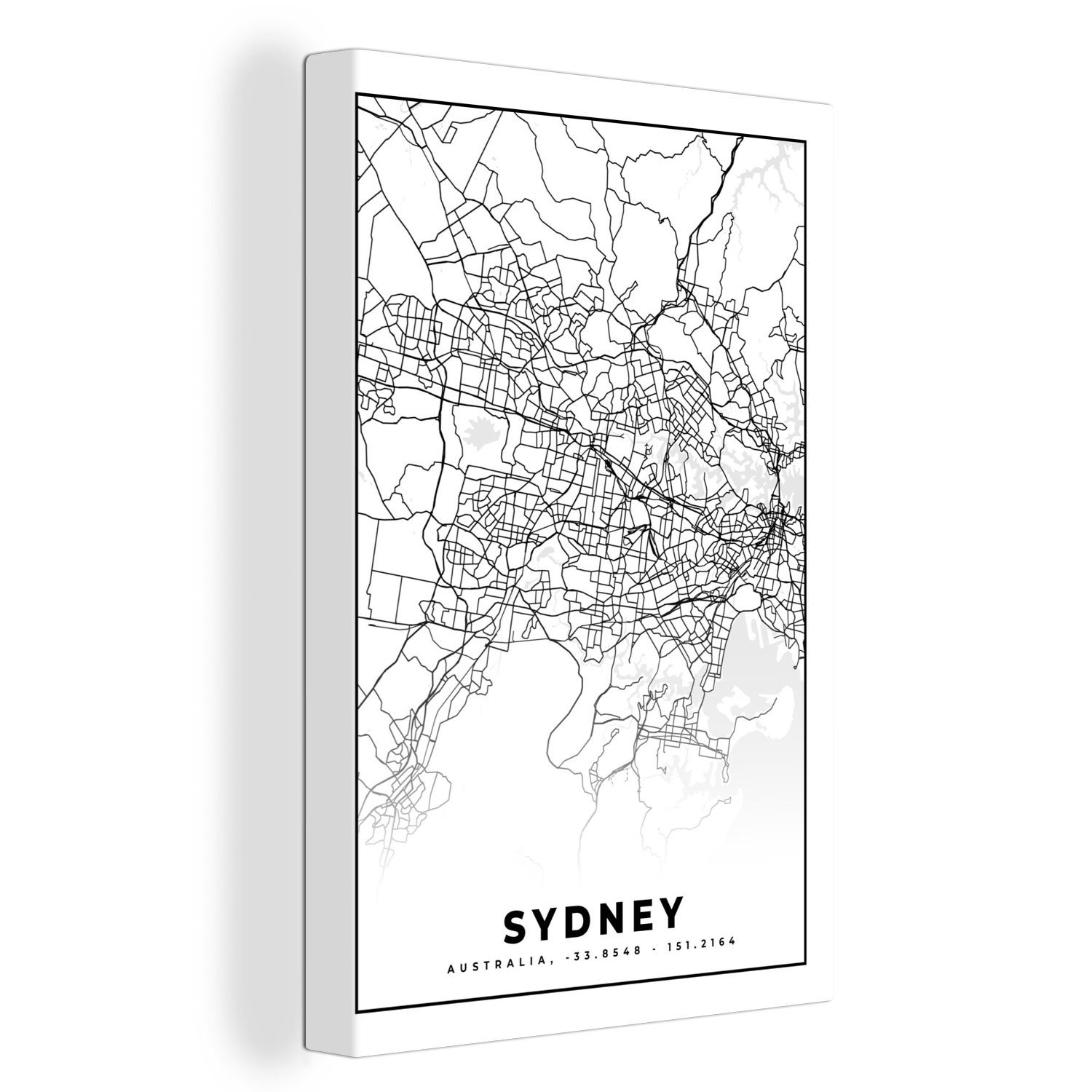 OneMillionCanvasses® Leinwandbild Sydney - Schwarz und weiß - Karte - Stadtplan, (1 St), Leinwandbild fertig bespannt inkl. Zackenaufhänger, Gemälde, 20x30 cm