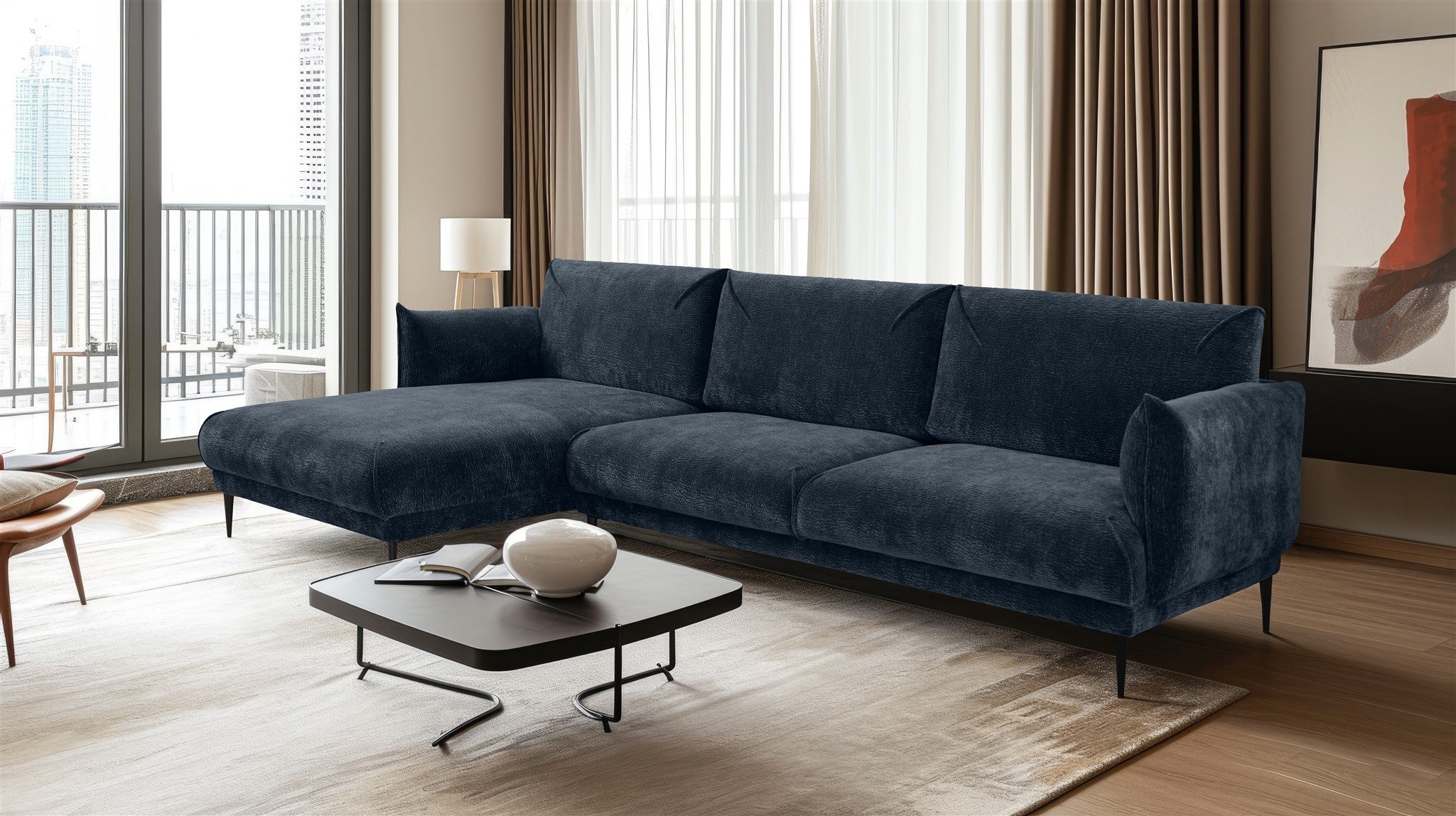 Fun Möbel Ecksofa Designersofa MADISON XL Velourstoff Dress Me, mit Ottomane Links oder Rechts, Rundumbezug