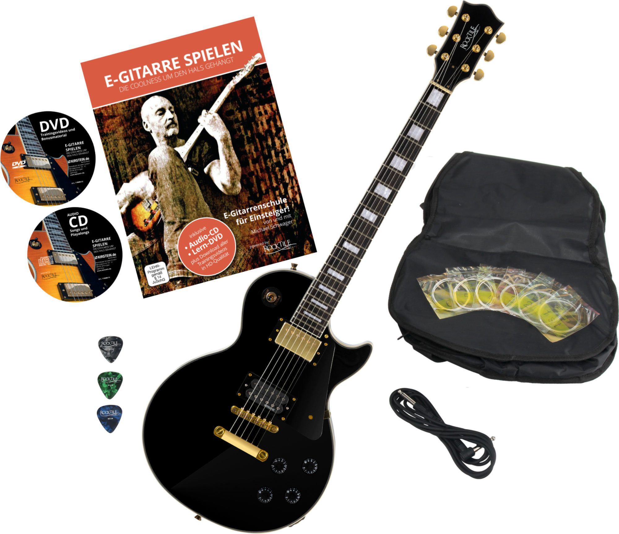 Rocktile E-Gitarre Pro L-200BK elektrische Gitarre, Single Cut, Spar-Set, inkl. Gigbag, Kabel, Plektren, Schule & Saiten, 2 Humbucker - einmal mit EMG-HZ - 22 Bünde, Palisander Griffbrett