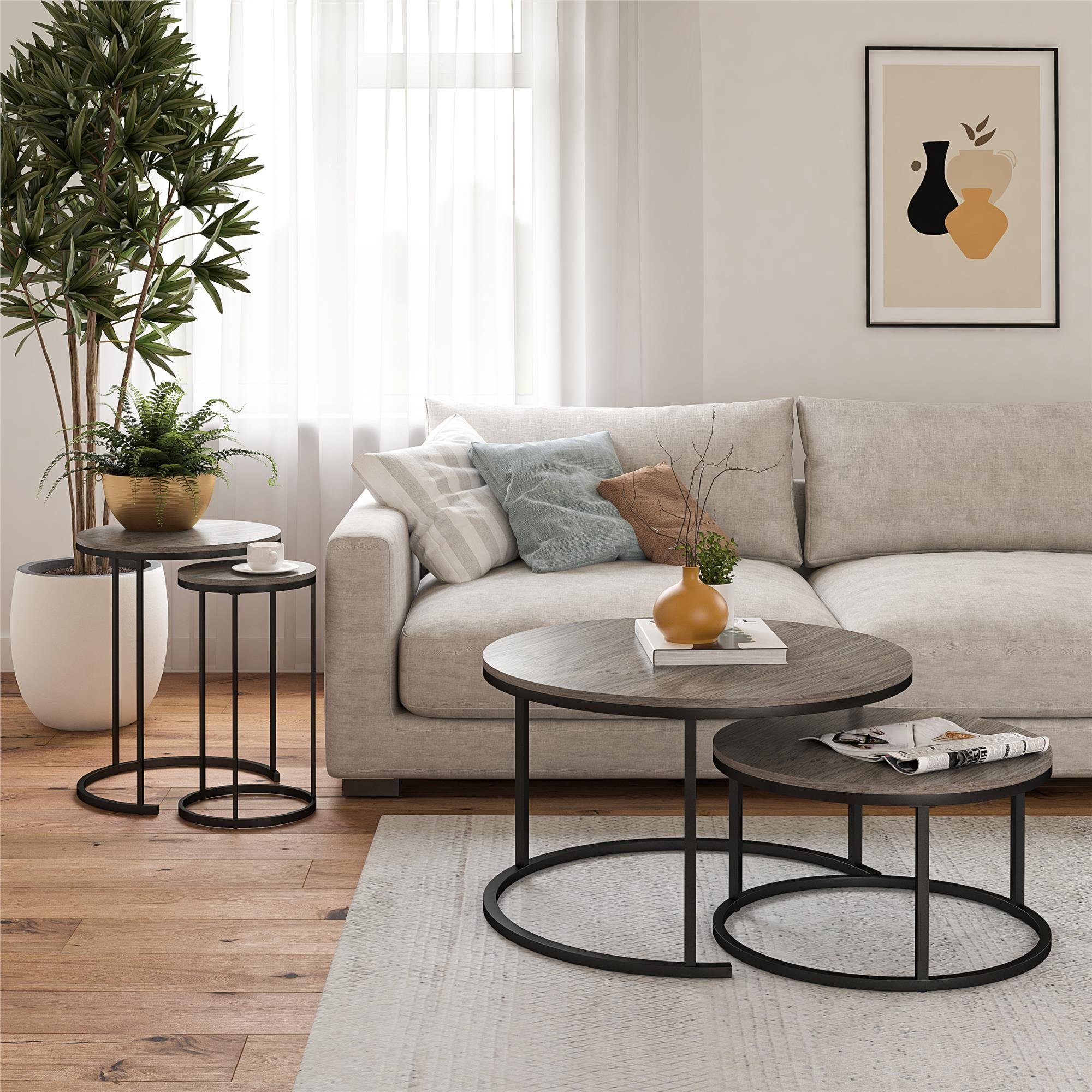loft24 Satztisch Camdale - Wohnzimmertisch Couchtisch Sofatisch Beistelltisch (Set, 4-St., 4er-Set), Wohnzimmertisch, Couchtisch rund, Set, Eichenoptik, Metallgestell